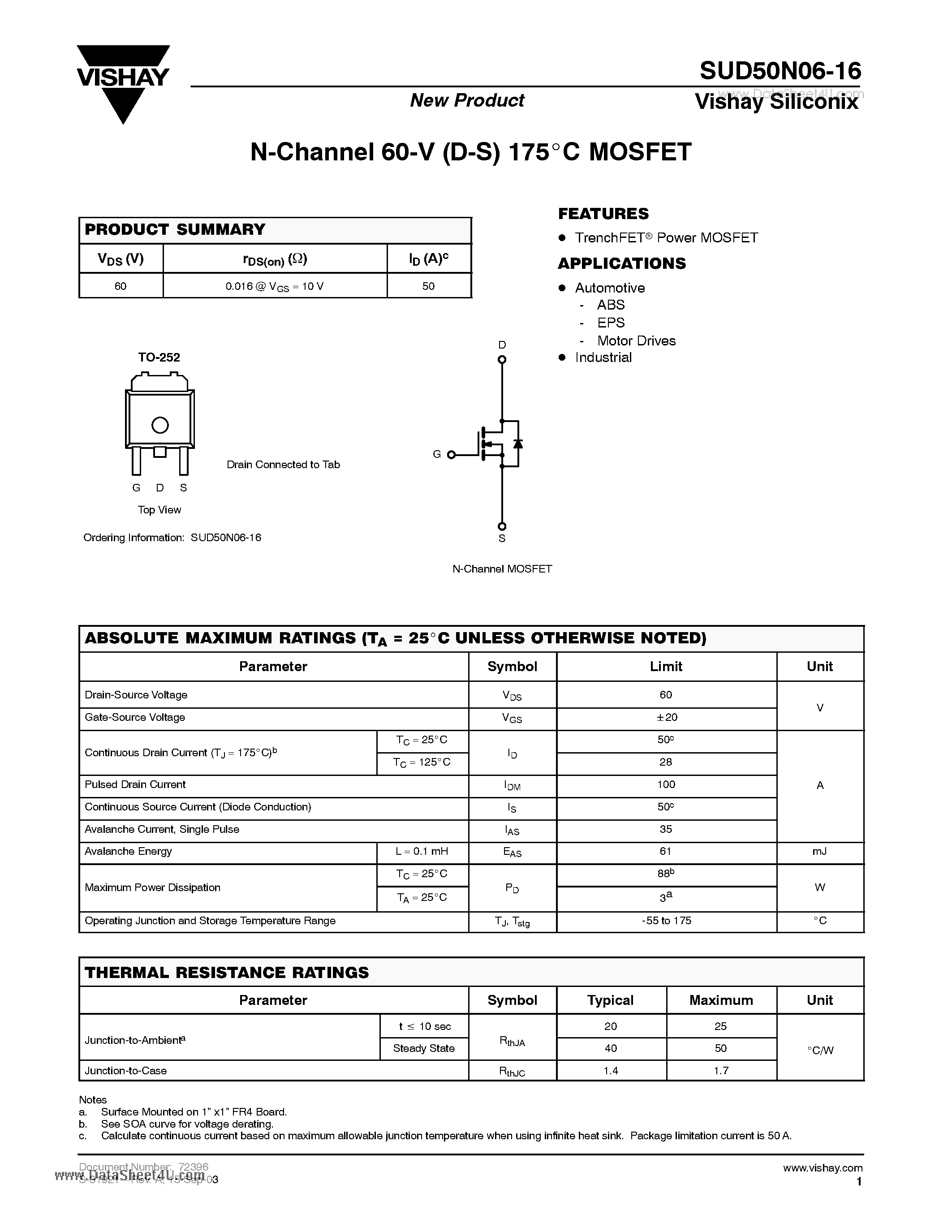 Даташит SUD50N06-16 - N-Channel 60-V (D-S) 175 C MOSFET страница 1