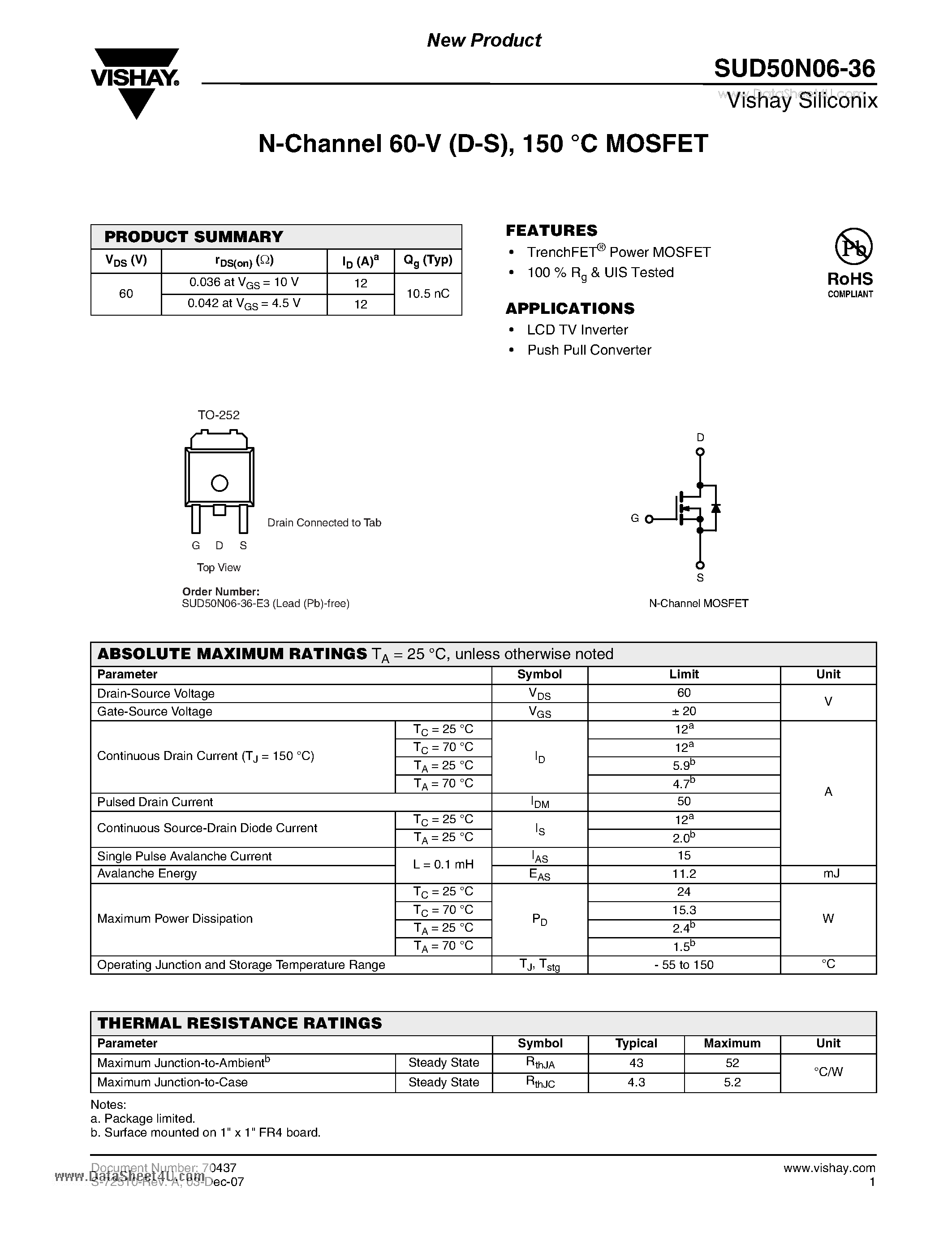 Даташит SUD50N06-36 - N-Channel 60-V (D-S) 150 C MOSFET страница 1