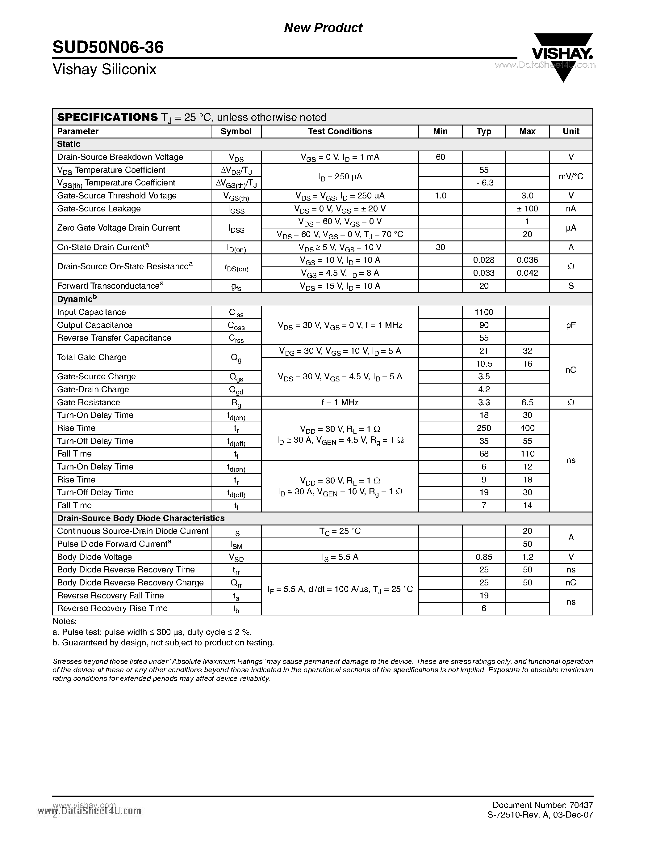 Datasheet SUD50N06-36 page 2 Datasheet SUD50N06-36 - N-Channel 60-V (D-S) 150 C MOSFET page 2