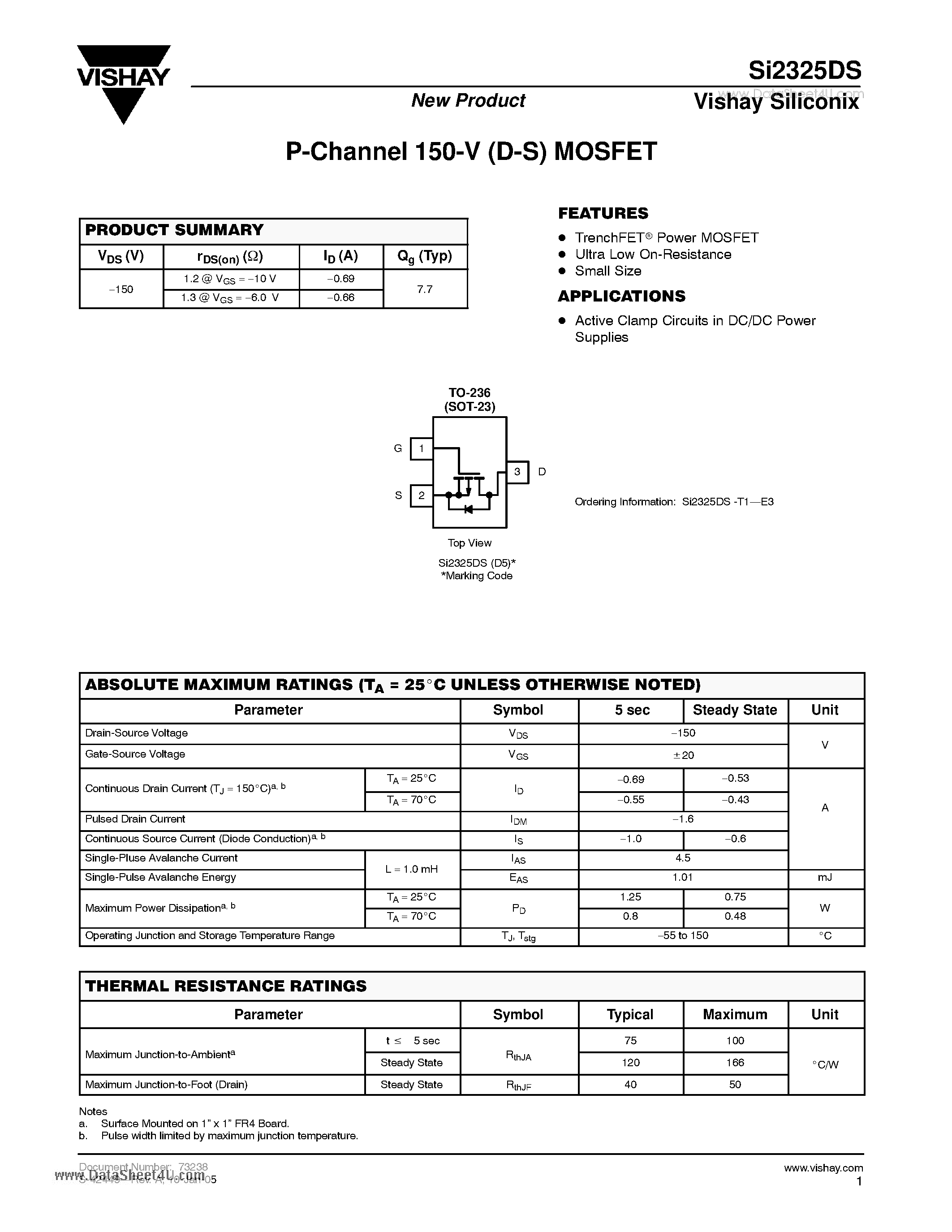 Datasheet SI2325DS - P-Channel 150-V (D-S) MOSFET page 1