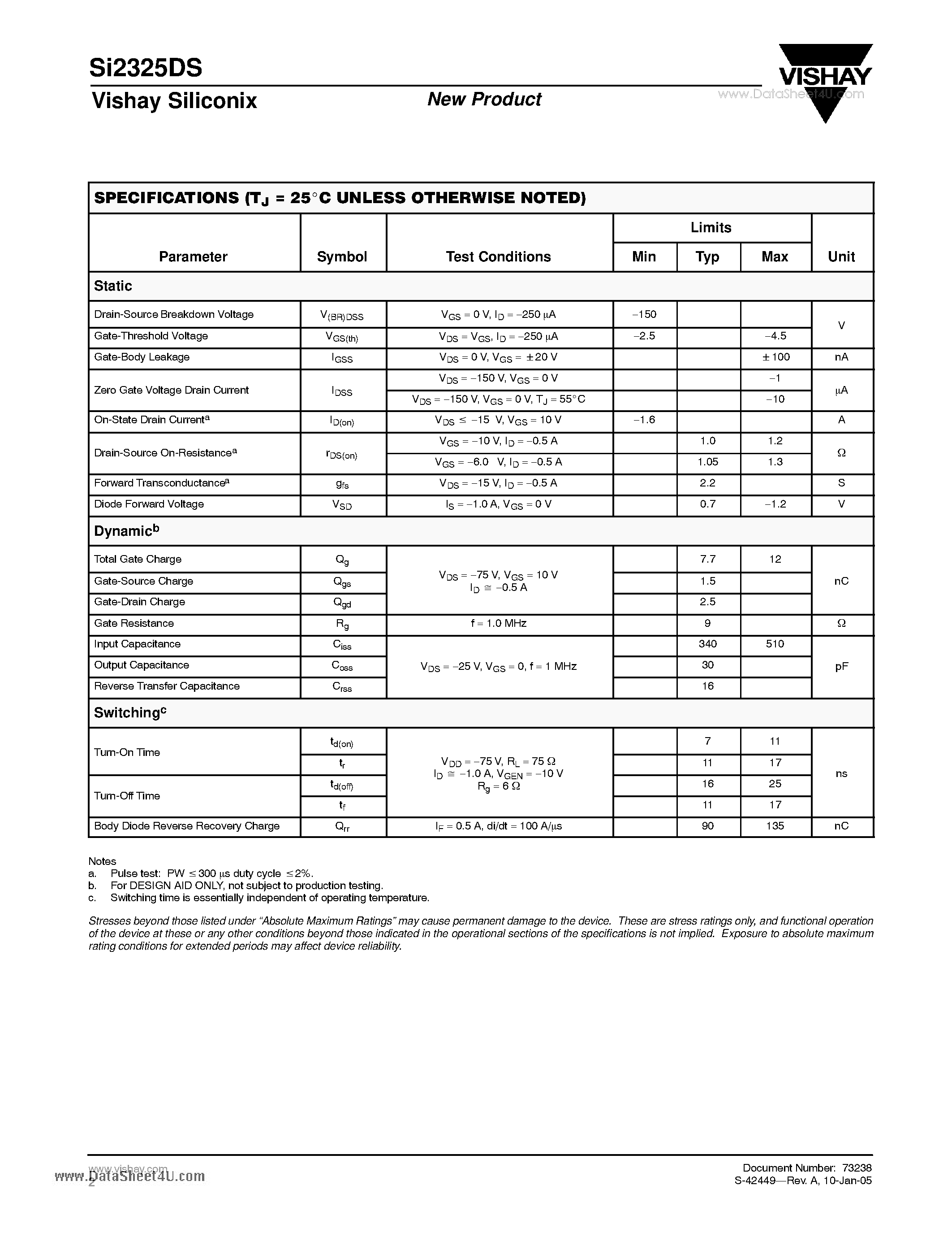 Datasheet SI2325DS - P-Channel 150-V (D-S) MOSFET page 2
