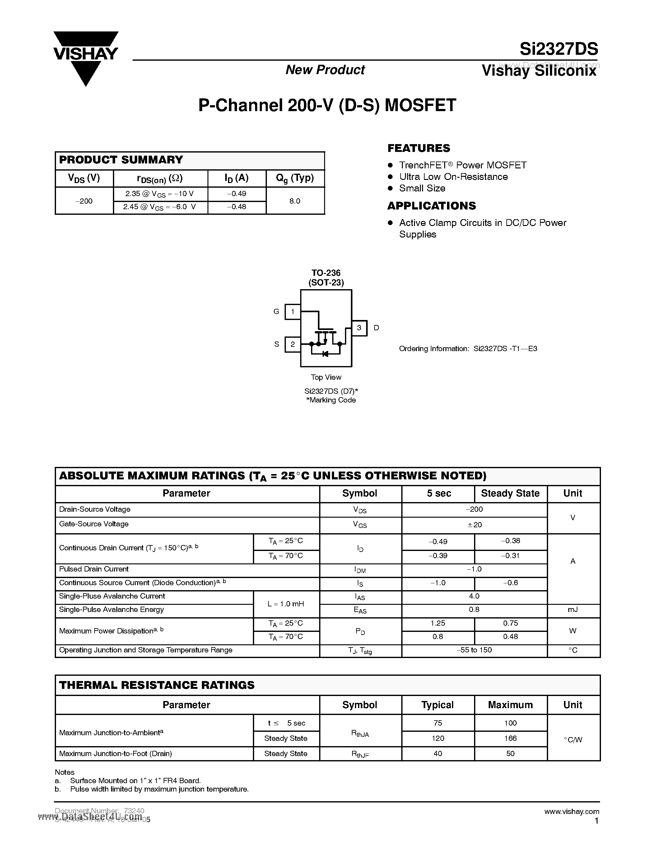 Datasheet SI2327DS - P-Channel 200-V (D-S) MOSFET page 1