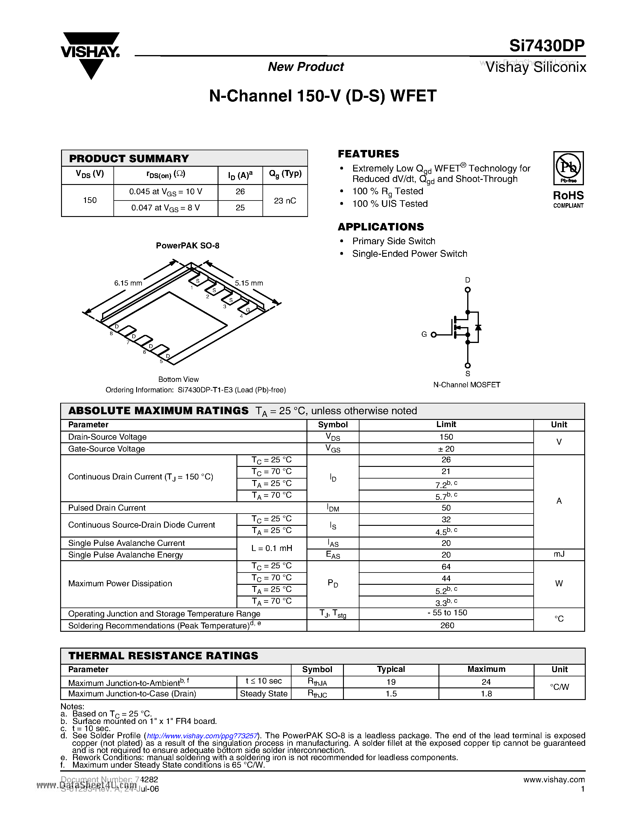 Даташит SI7430DP - N-Channel 150-V (D-S) WFET страница 1