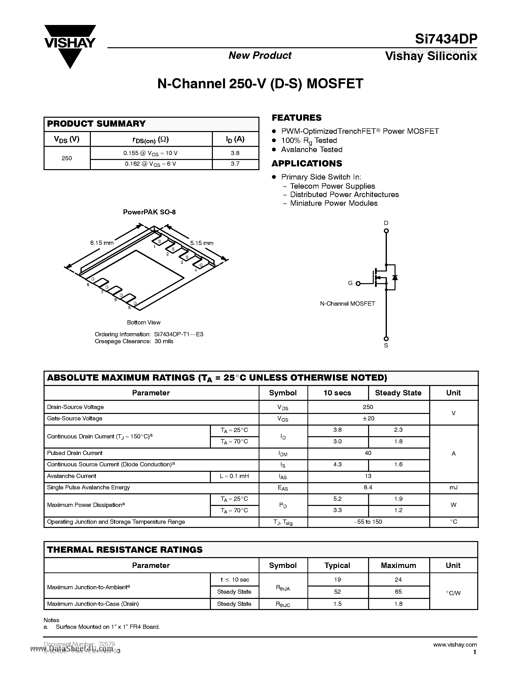 Даташит SI7434DP - N-Channel 250-V (D-S) MOSFET страница 1
