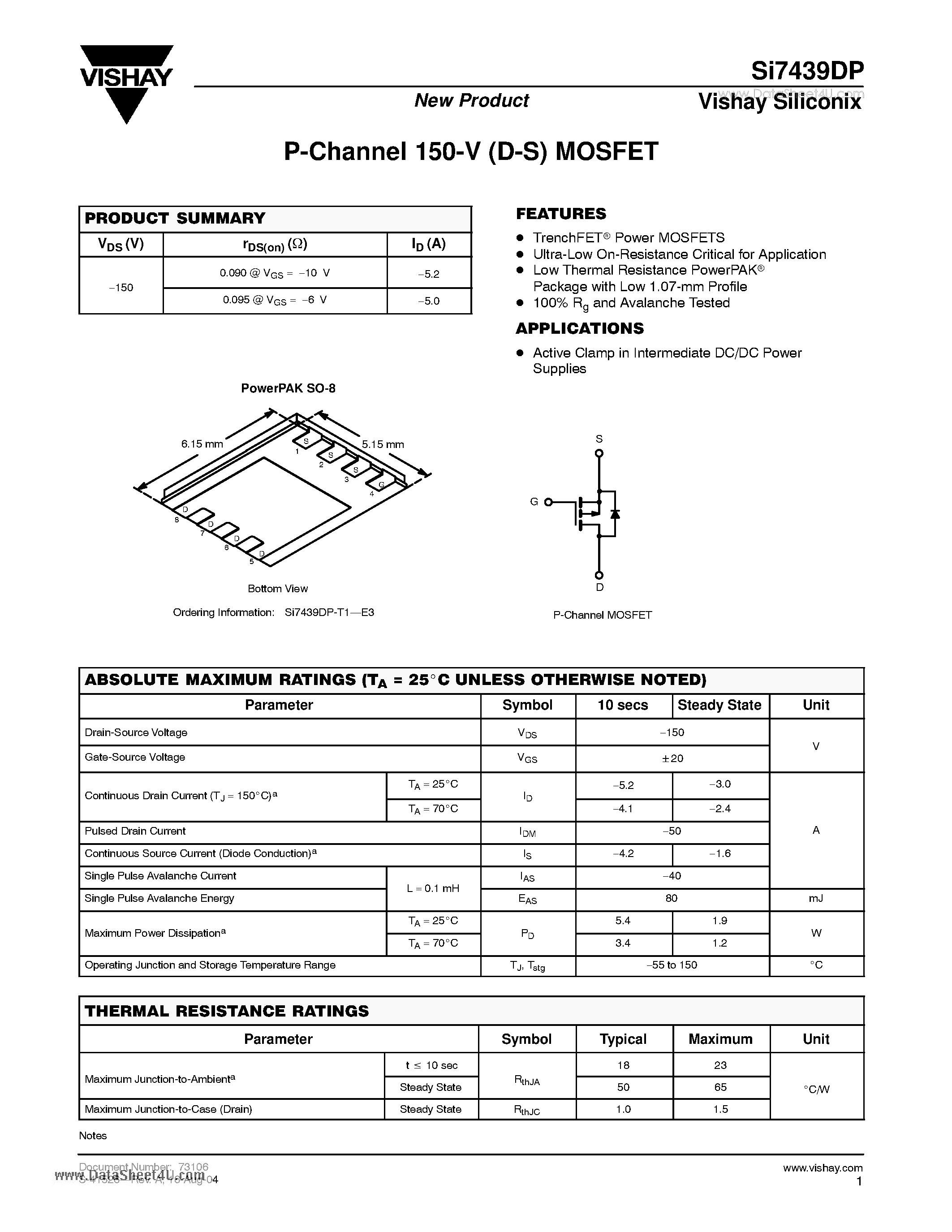 Даташит на микросхему SI7439DP страница 1 Даташит SI7439DP - P-Channel 150-V (D-S) MOSFET страница 1
