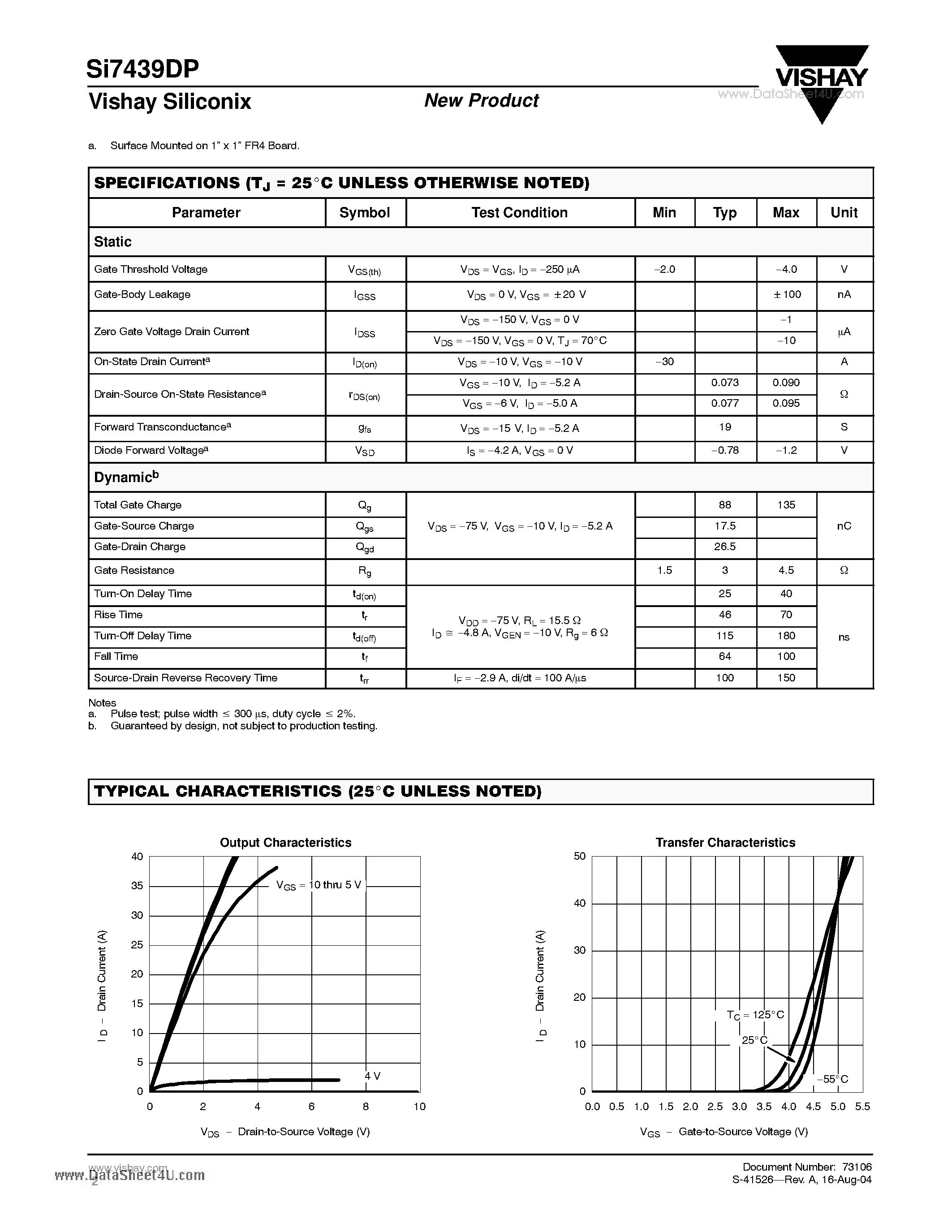 Даташит на микросхему SI7439DP страница 2 Даташит SI7439DP - P-Channel 150-V (D-S) MOSFET страница 2