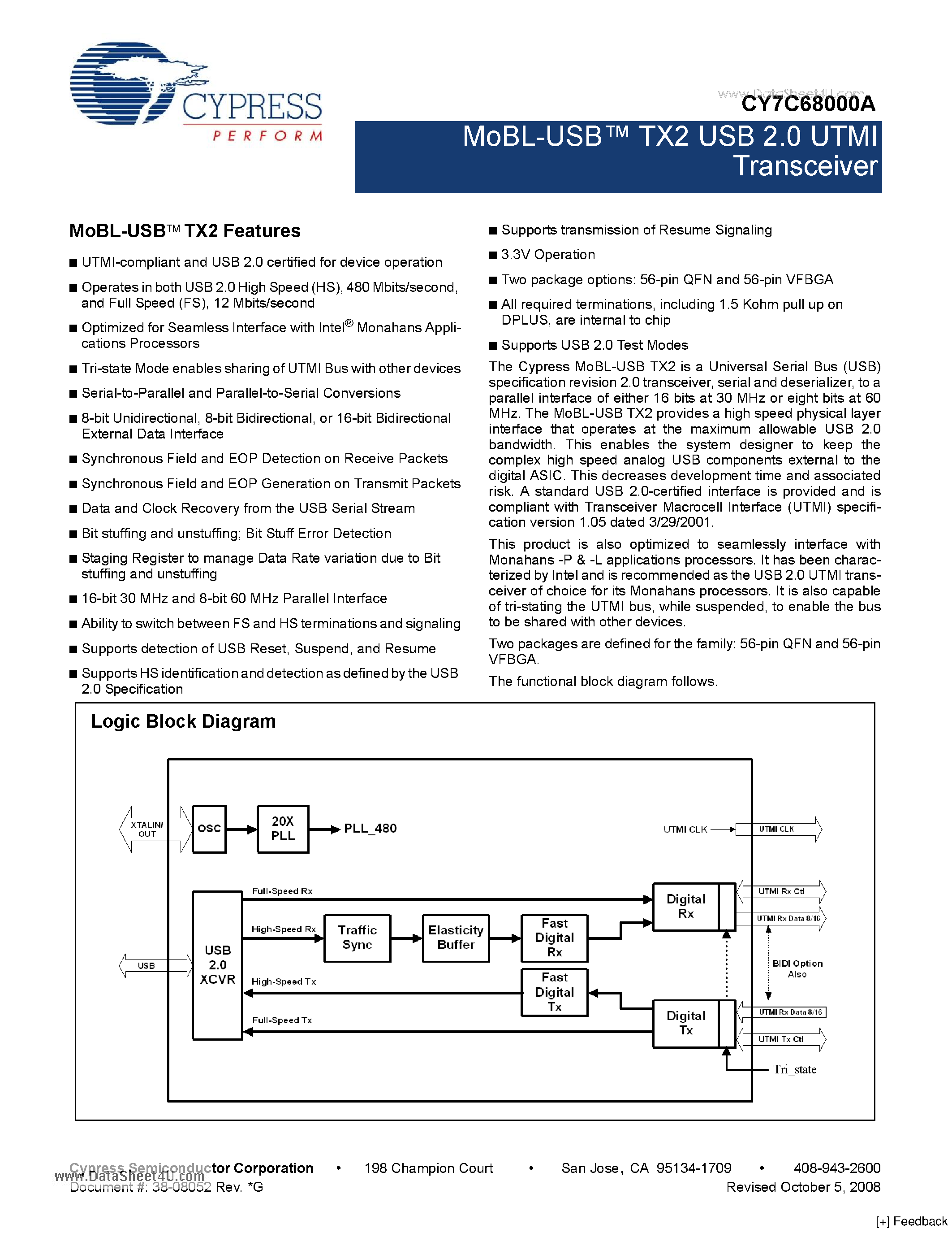 Datasheet CY7C68000A page 1 Datasheet CY7C68000A - MoBL-USB TX2 USB 2.0 UTMI Transceiver page 1