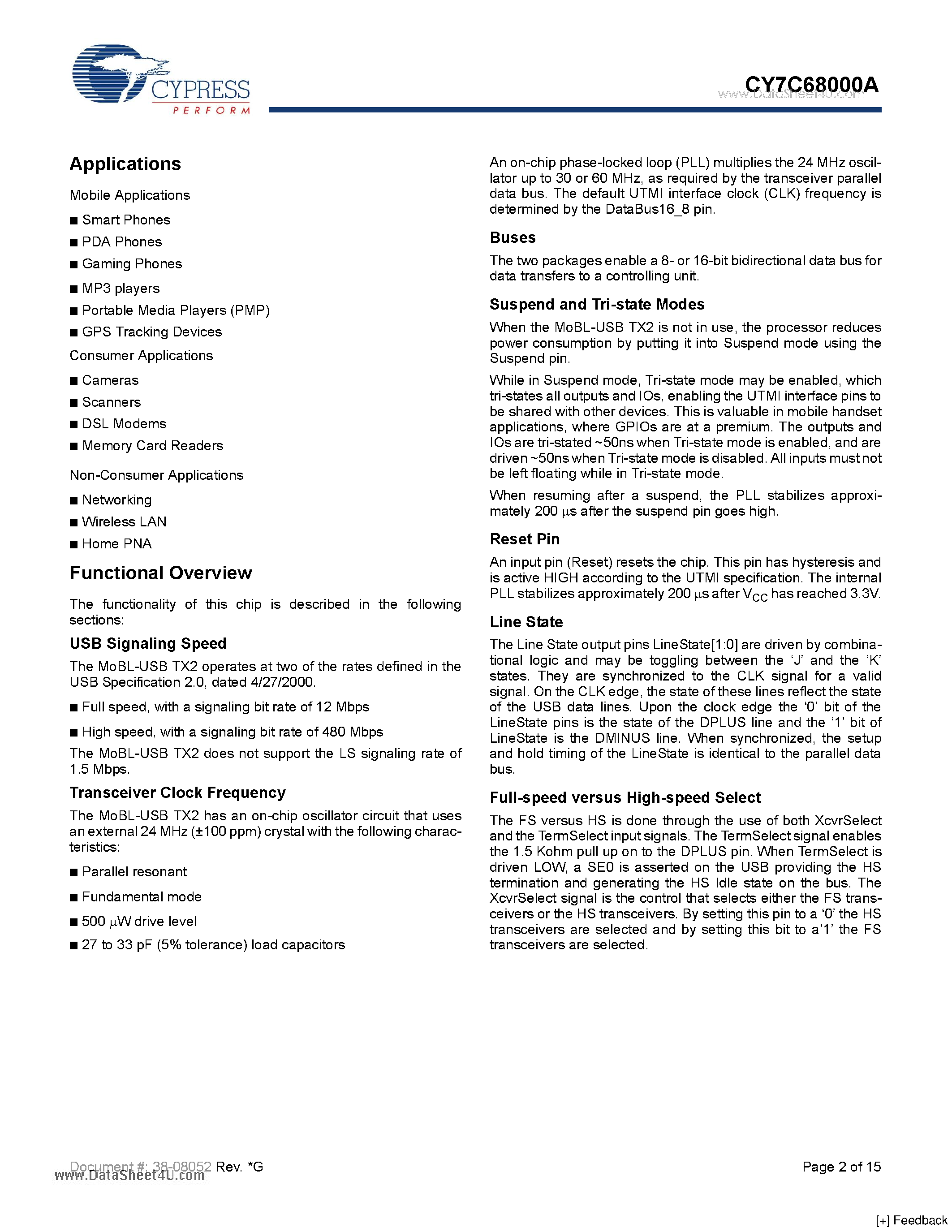 Datasheet CY7C68000A page 2 Datasheet CY7C68000A - MoBL-USB TX2 USB 2.0 UTMI Transceiver page 2