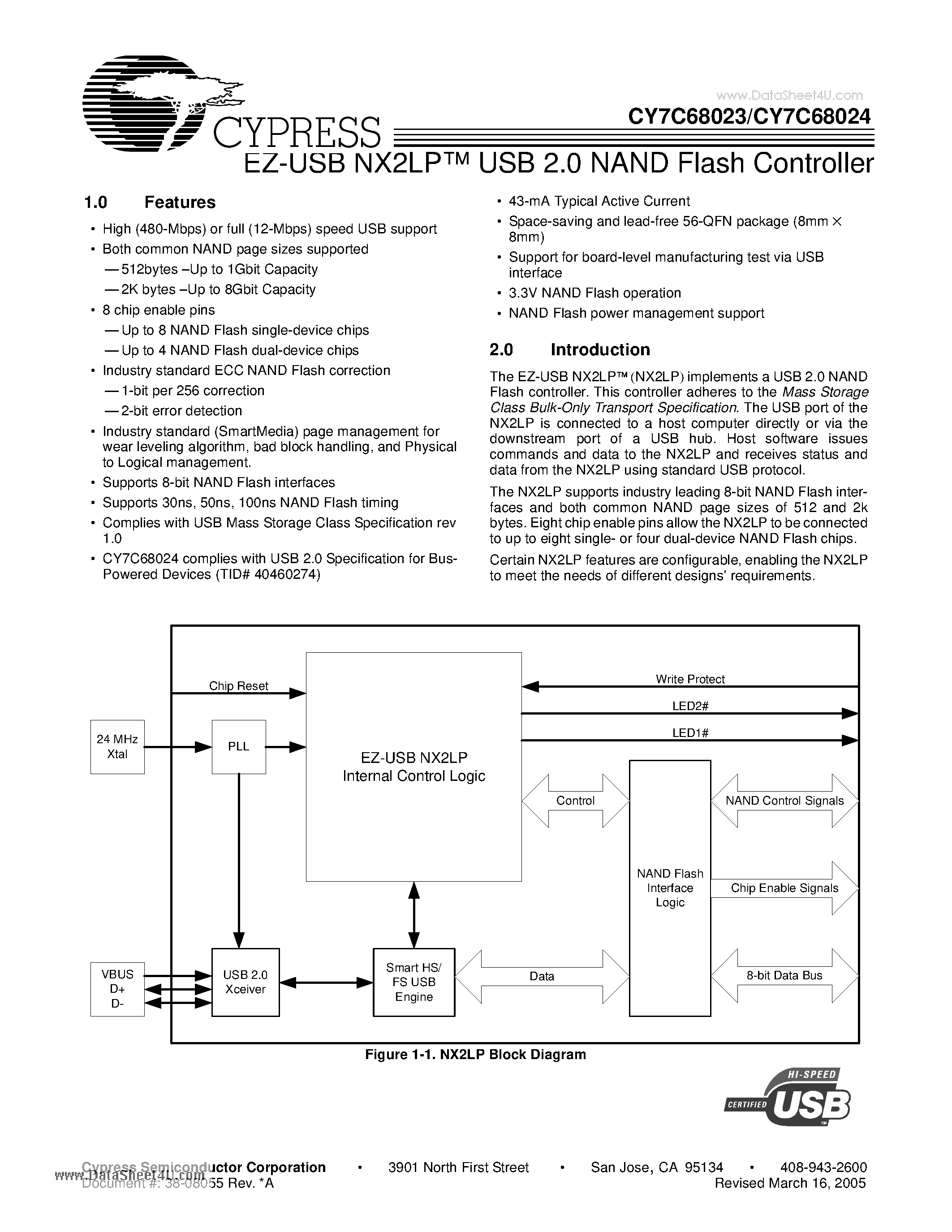 Datasheet CY7C68023 page 1 Datasheet CY7C68023 - EZ-USB NX2LP USB 2.0 NAND Flash Controller page 1