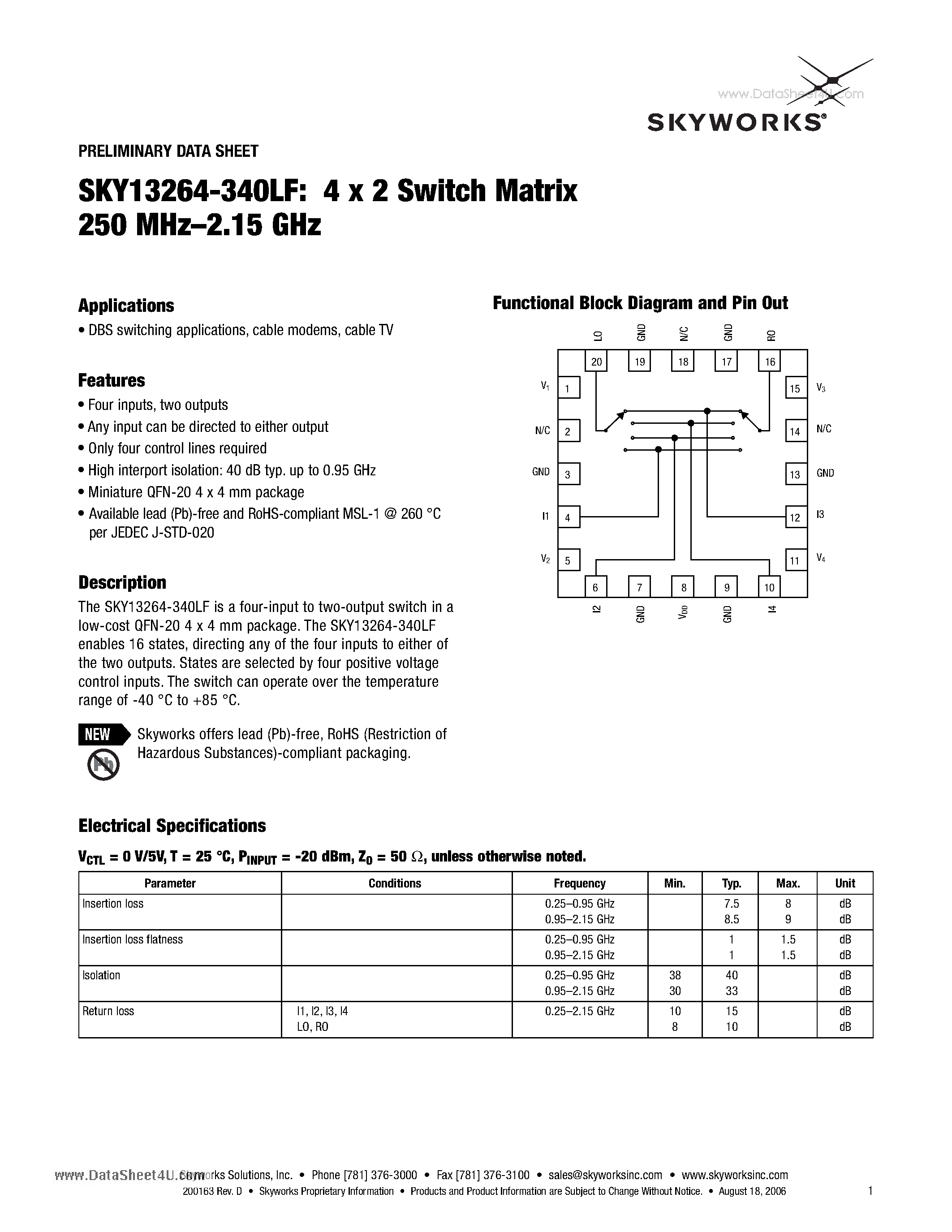 Datasheet SKY13264-340LF - 4 x 2 Switch Matrix 250 MHz-2.15 GHz page 1