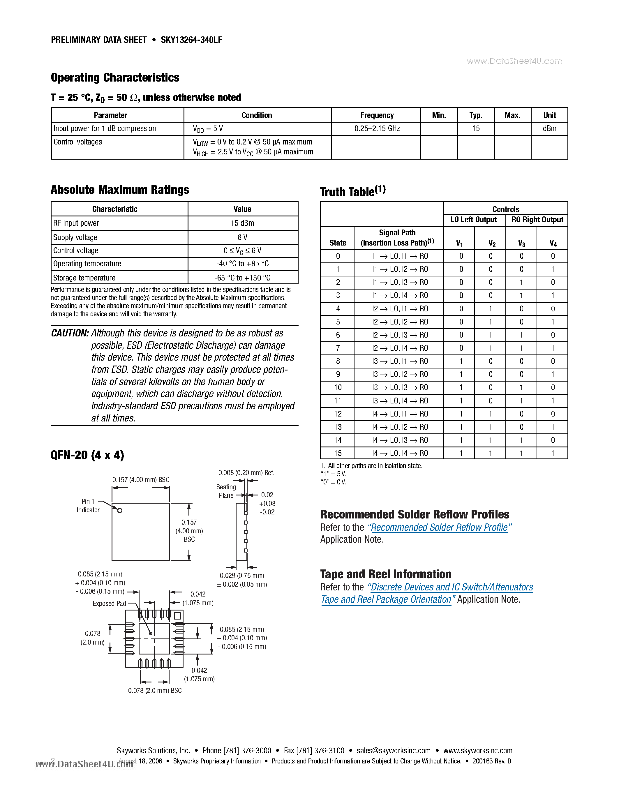 Datasheet SKY13264-340LF - 4 x 2 Switch Matrix 250 MHz-2.15 GHz page 2