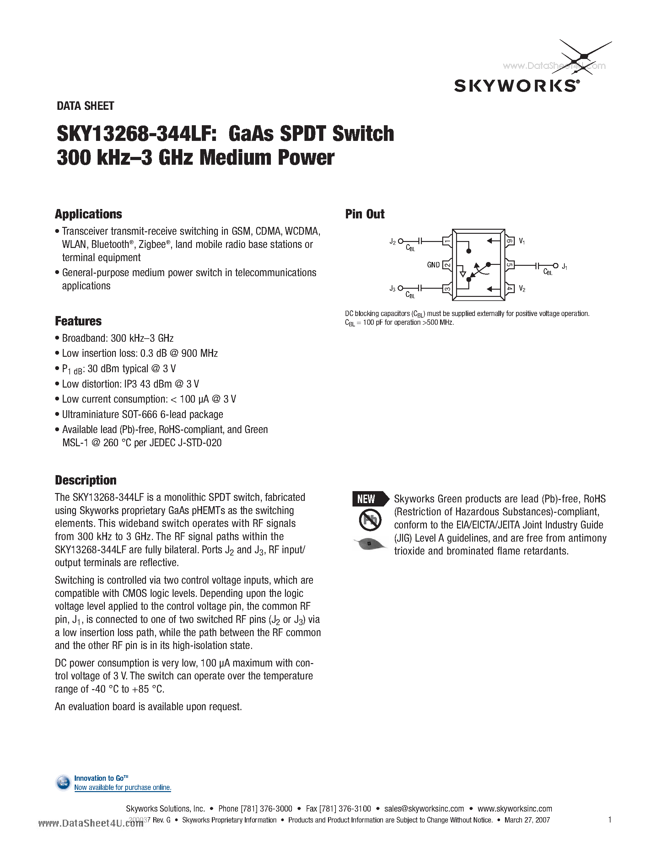 Datasheet SKY13268-344LF - GaAs SPDT Switch 300 kHz-3 GHz Medium Power page 1