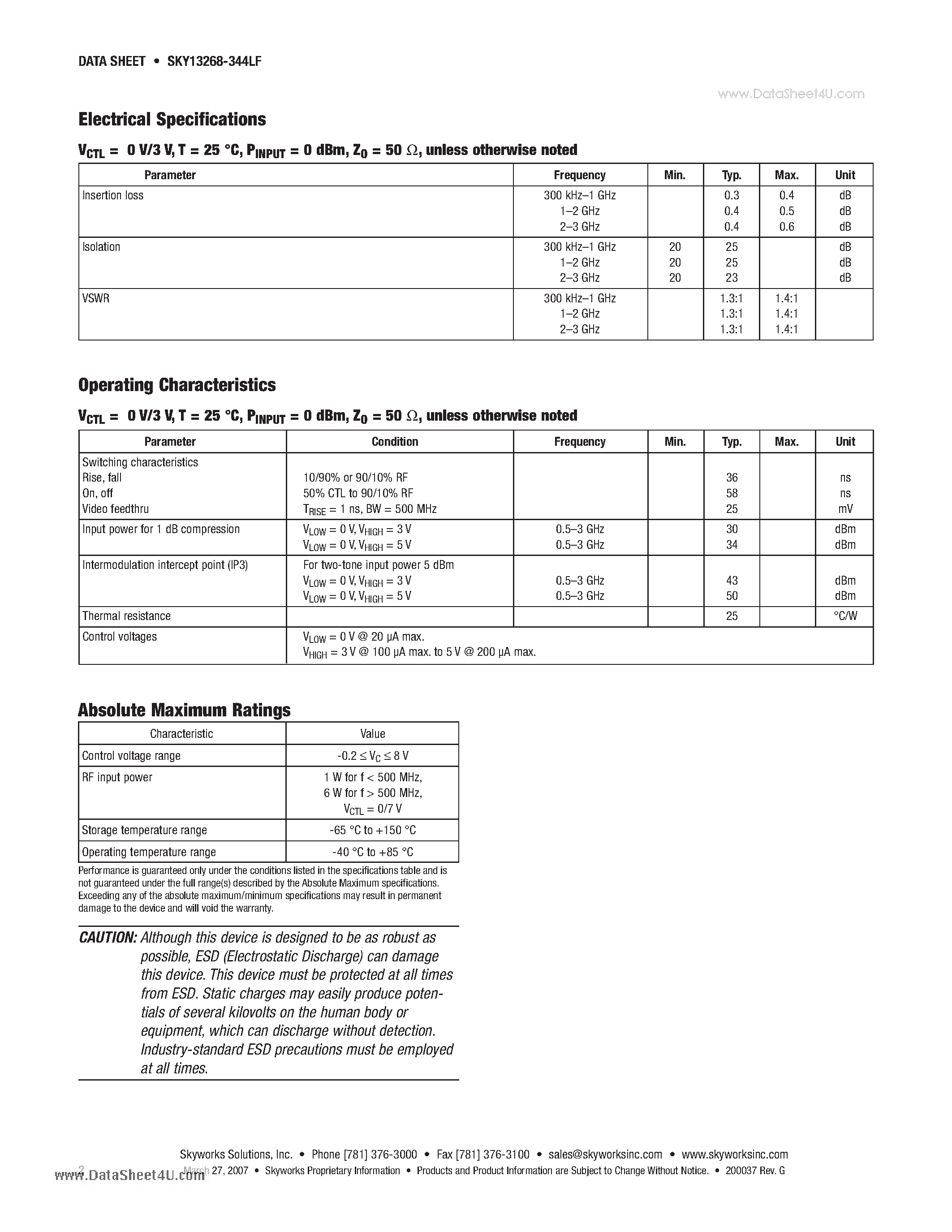 Datasheet SKY13268-344LF - GaAs SPDT Switch 300 kHz-3 GHz Medium Power page 2