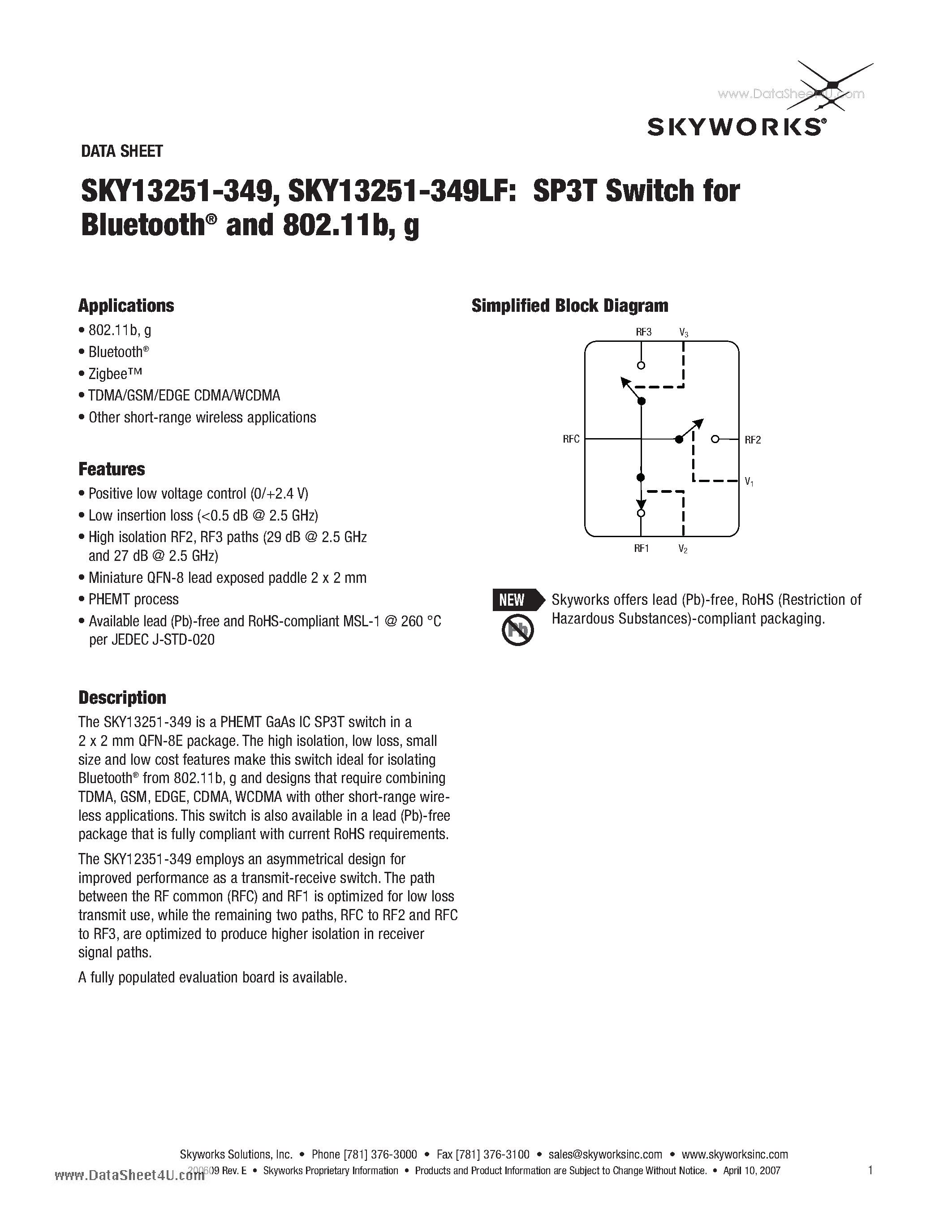 Datasheet SKY13251-349 page 1 Datasheet SKY13251-349 - SP3T Switch for Bluetooth and 802.11b page 1