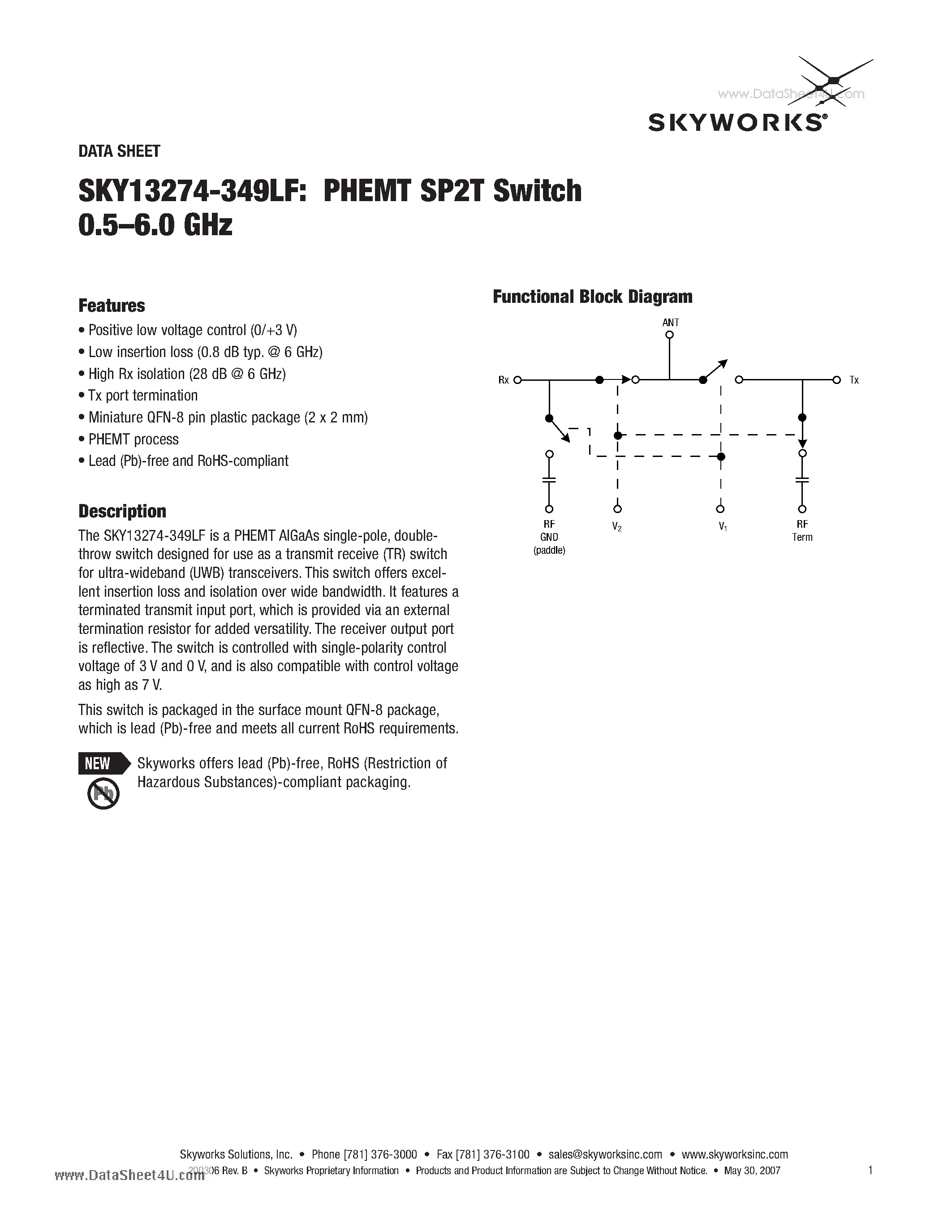 Datasheet SKY13274-349LF - PHEMT SP2T Switch 0.5-6.0 GHz page 1