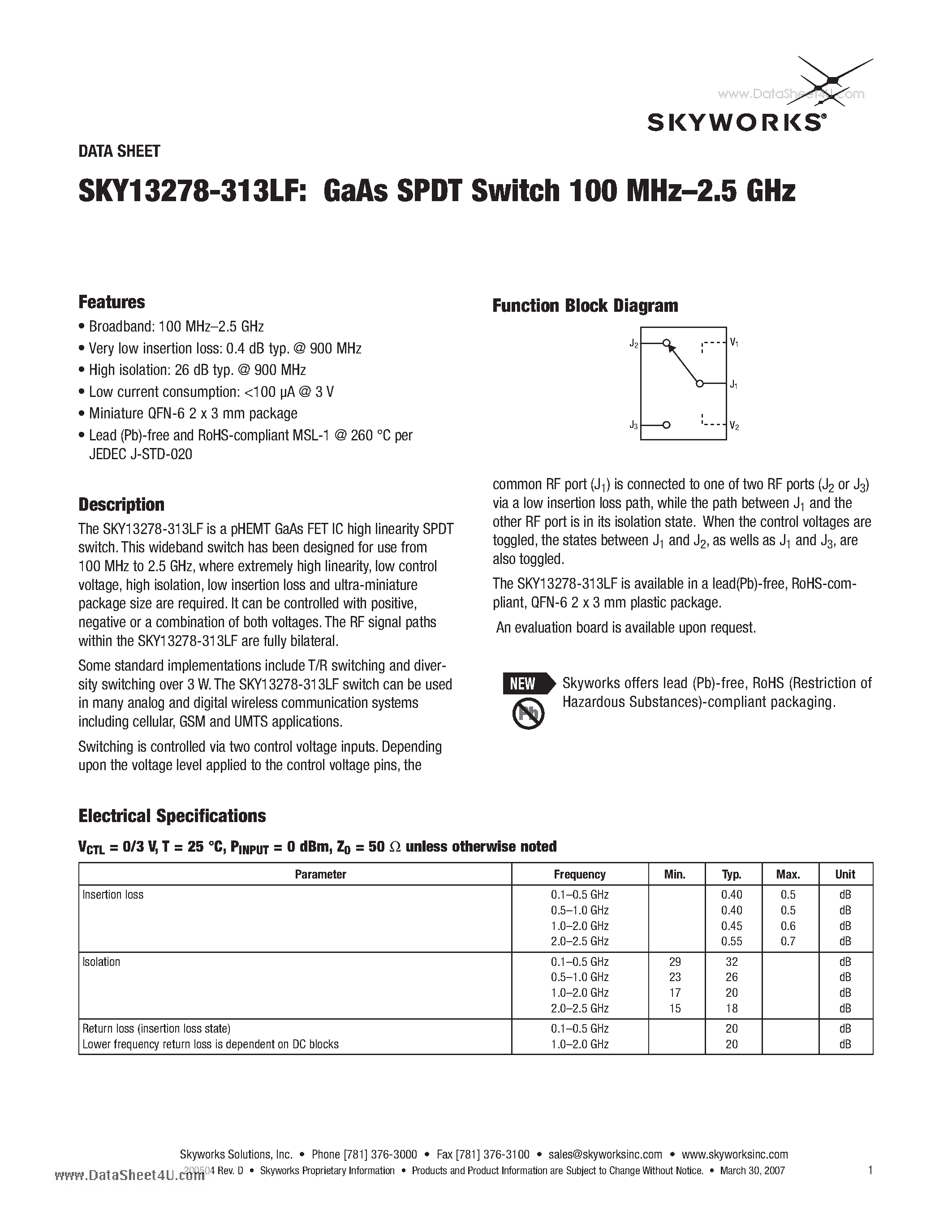 Datasheet SKY13278-313LF page 1 Datasheet SKY13278-313LF - GaAs SPDT Switch 100 MHz-2.5 GHz page 1