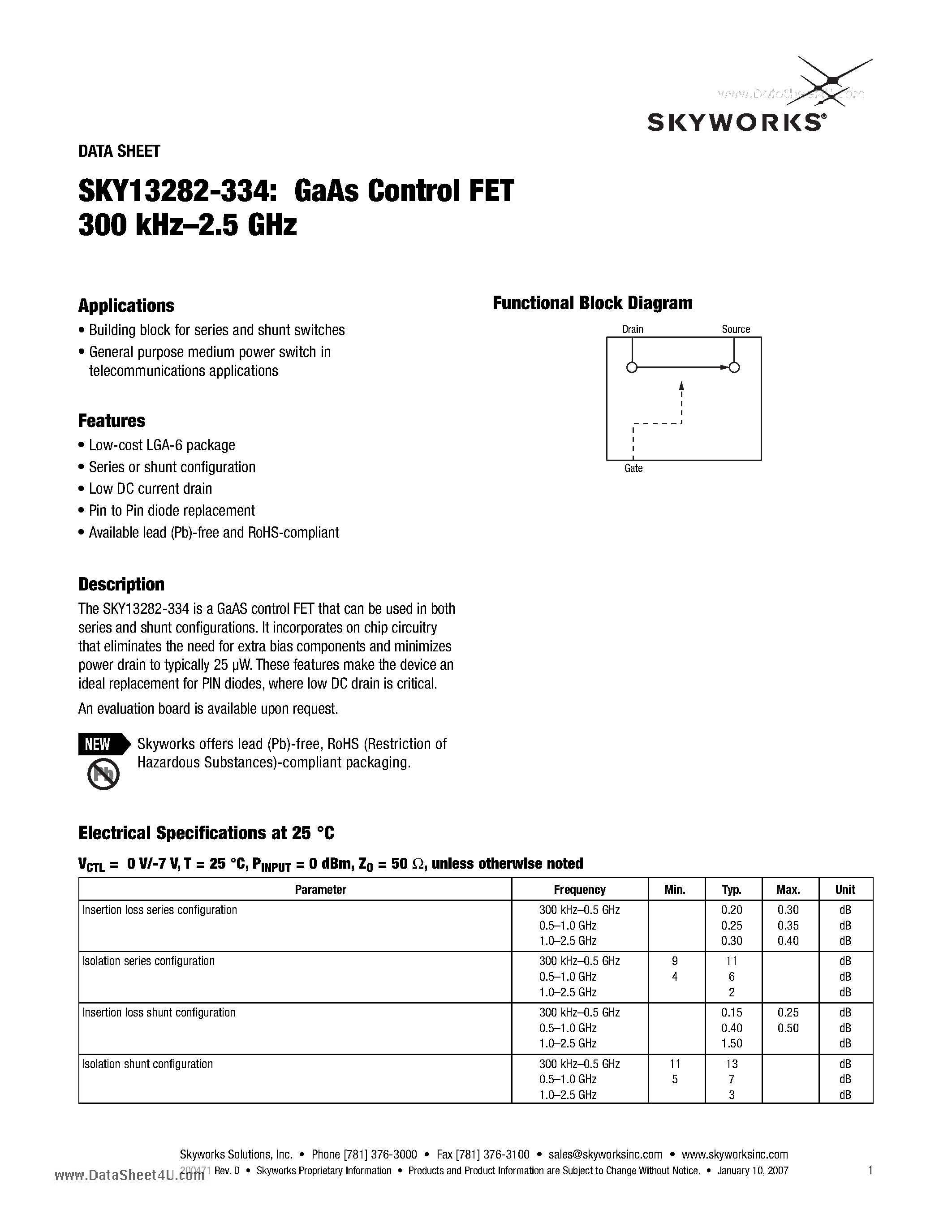 Datasheet SKY13282-334 page 1 Datasheet SKY13282-334 - GaAs Control FET 300 kHz-2.5 GHz page 1