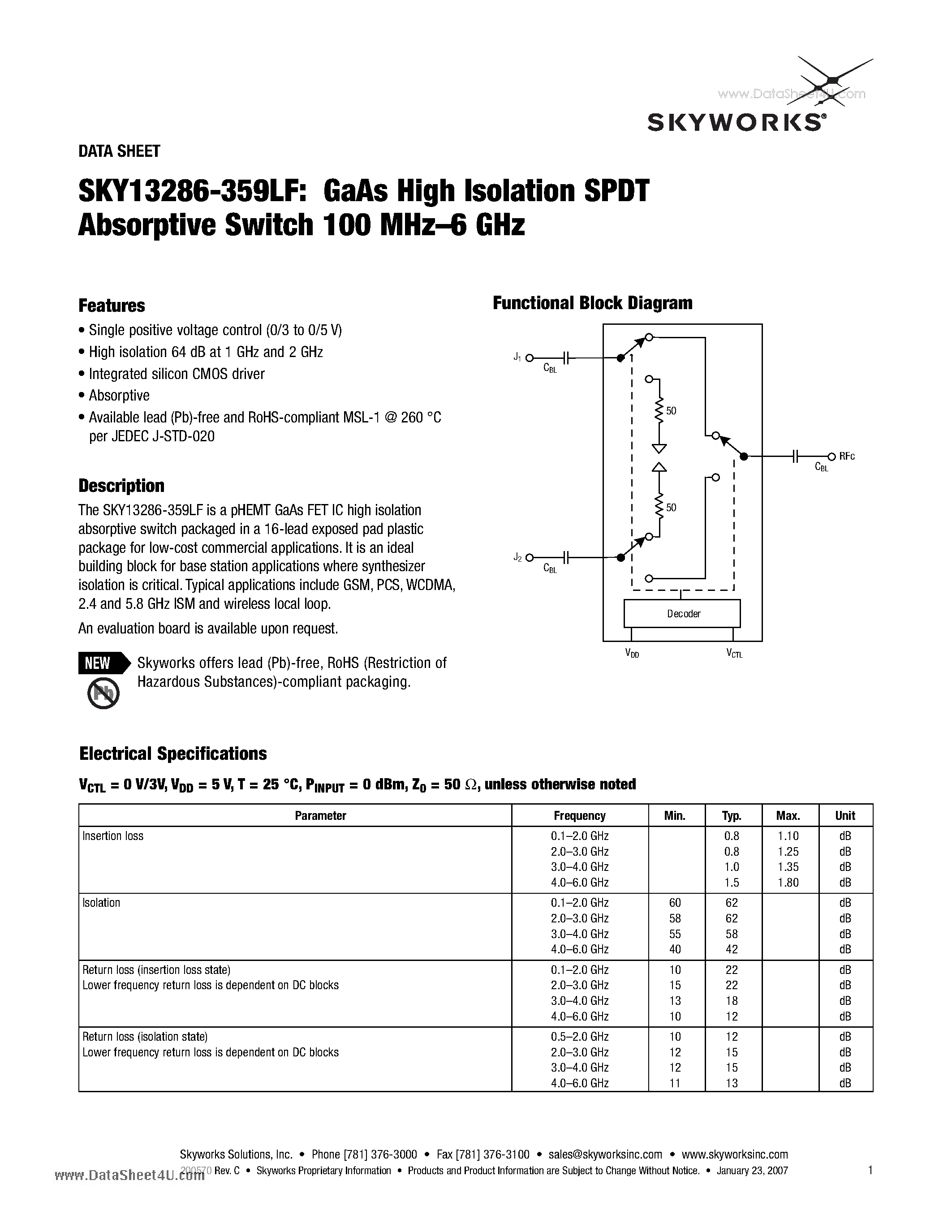 Datasheet SKY13286-359LF - GaAs High Isolation SPDT Absorptive Switch 100 MHz-6 GHz page 1