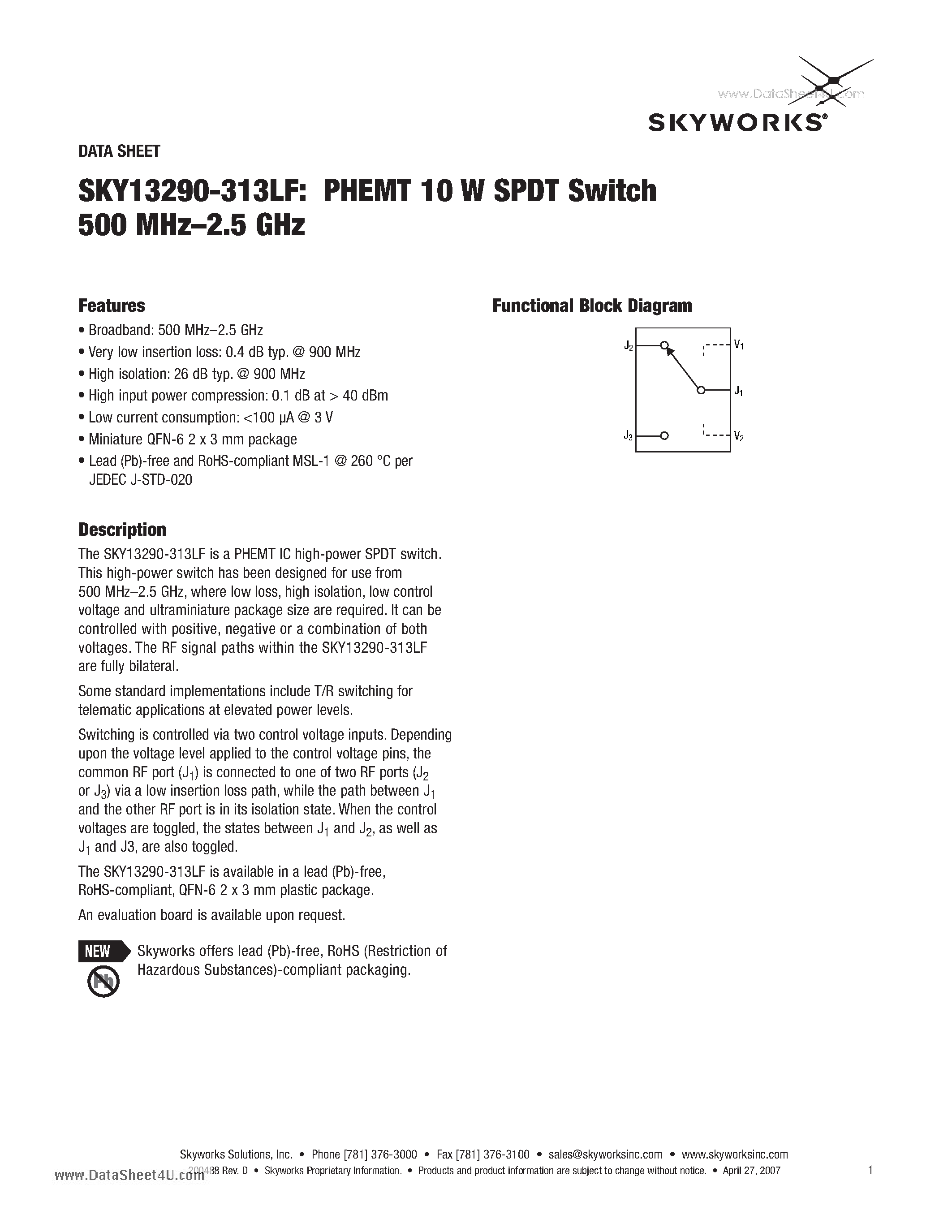 Datasheet SKY13290-313LF - PHEMT 10W SPDT Switch 500MHz - 2.5GHz page 1