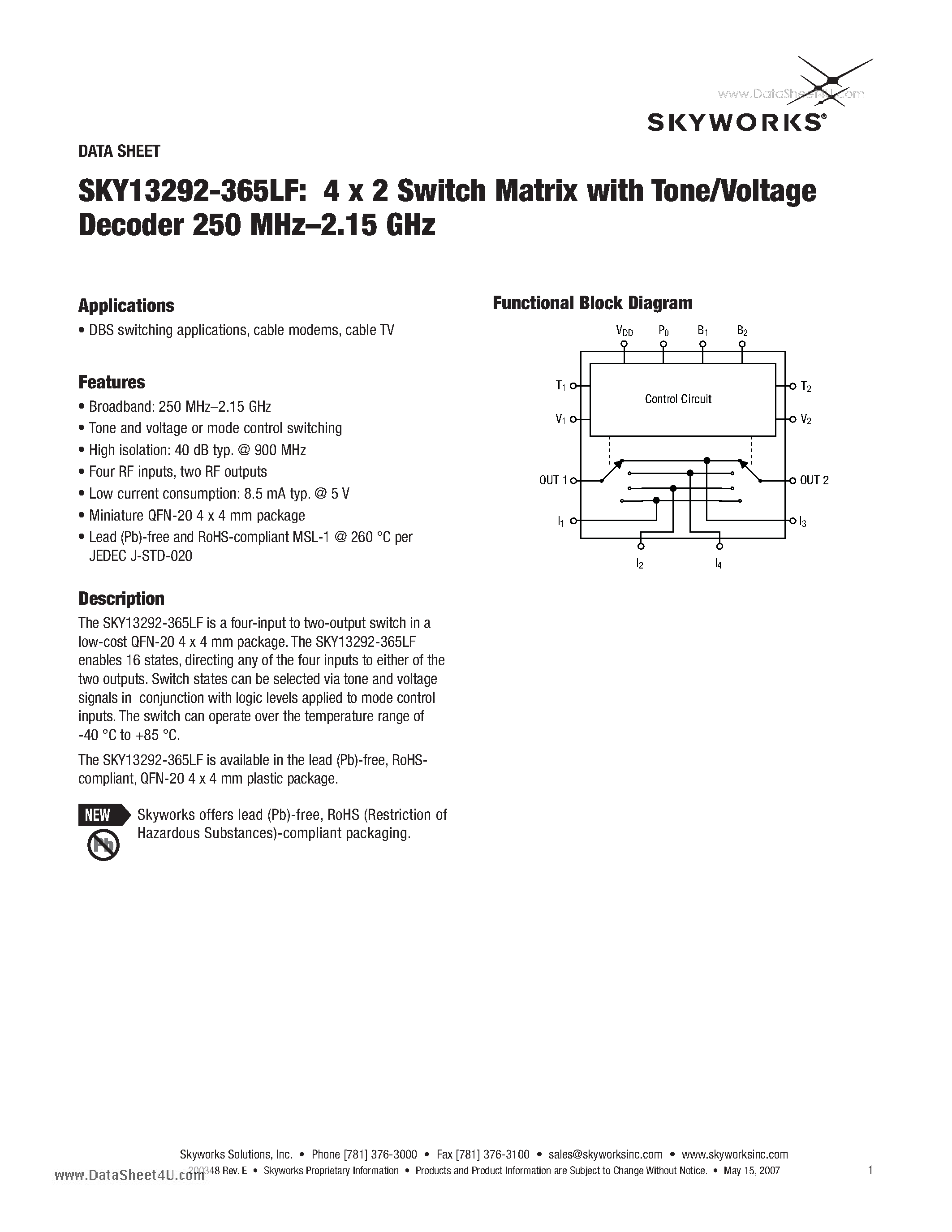 Datasheet SKY13292-365LF - 4 x 2 Switch Matrix with Tone/Voltage Decoder 250 MHz-2.15 GHz page 1