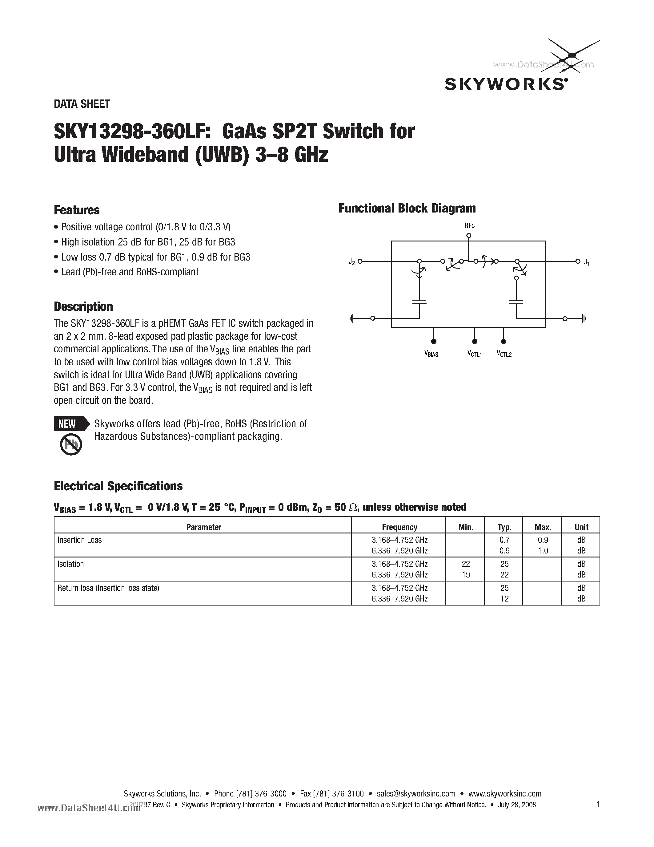 Datasheet SKY13298-360LF - GaAs SP2T Switch for Ultra Wideband (UWB) 3 - 8 GHz page 1