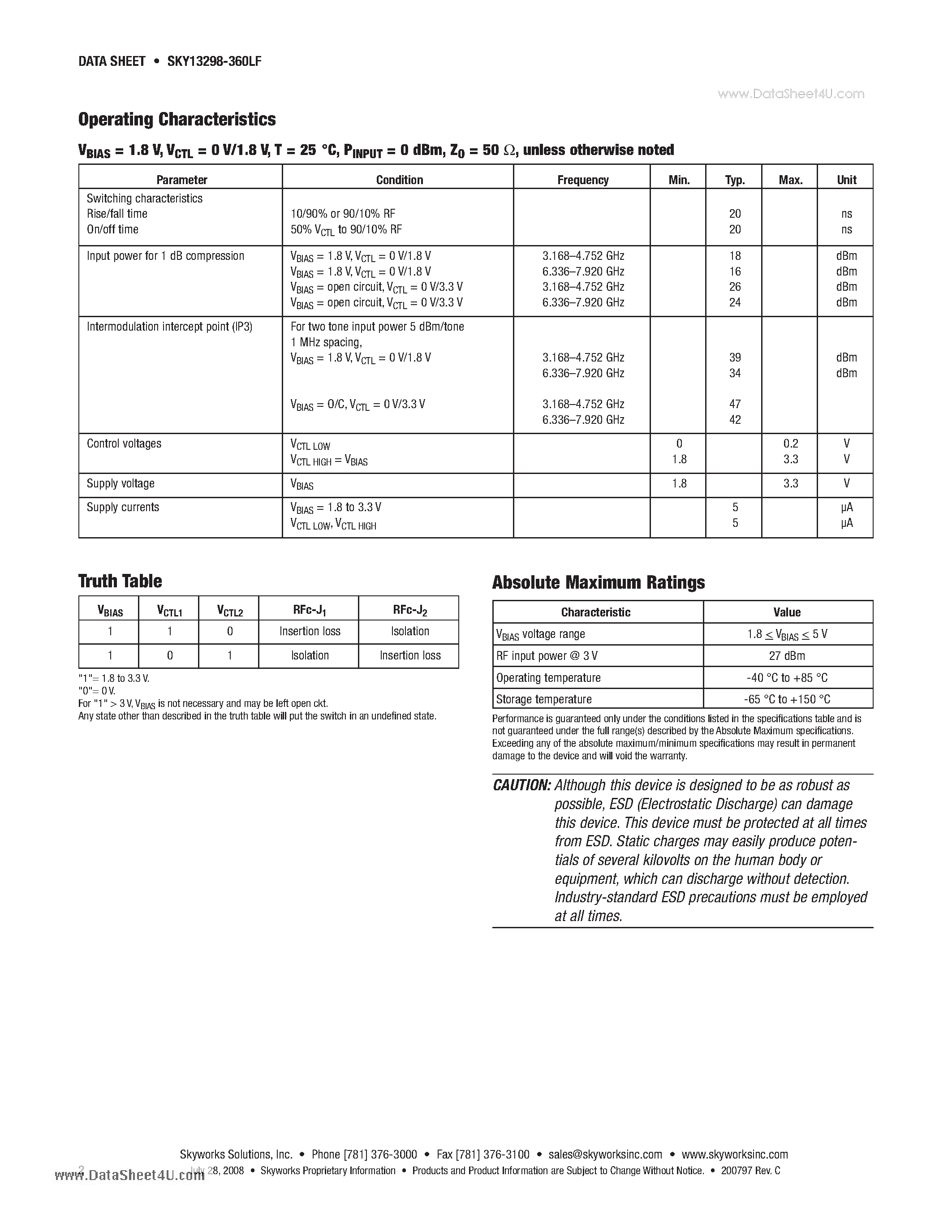 Datasheet SKY13298-360LF - GaAs SP2T Switch for Ultra Wideband (UWB) 3 - 8 GHz page 2