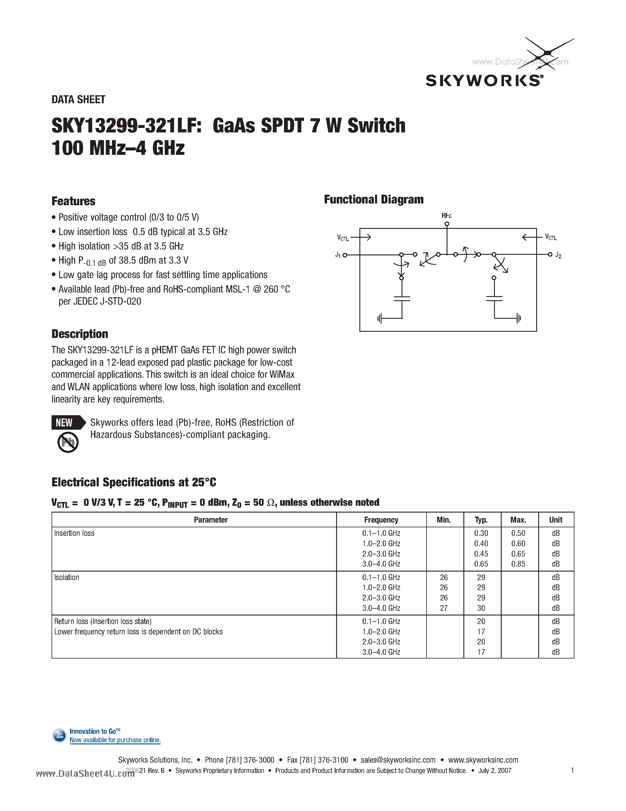 Даташит на микросхему SKY13299-321LF страница 1 Даташит SKY13299-321LF - GaAs SPDT 7 W Switch 100 MHz-4 GHz страница 1