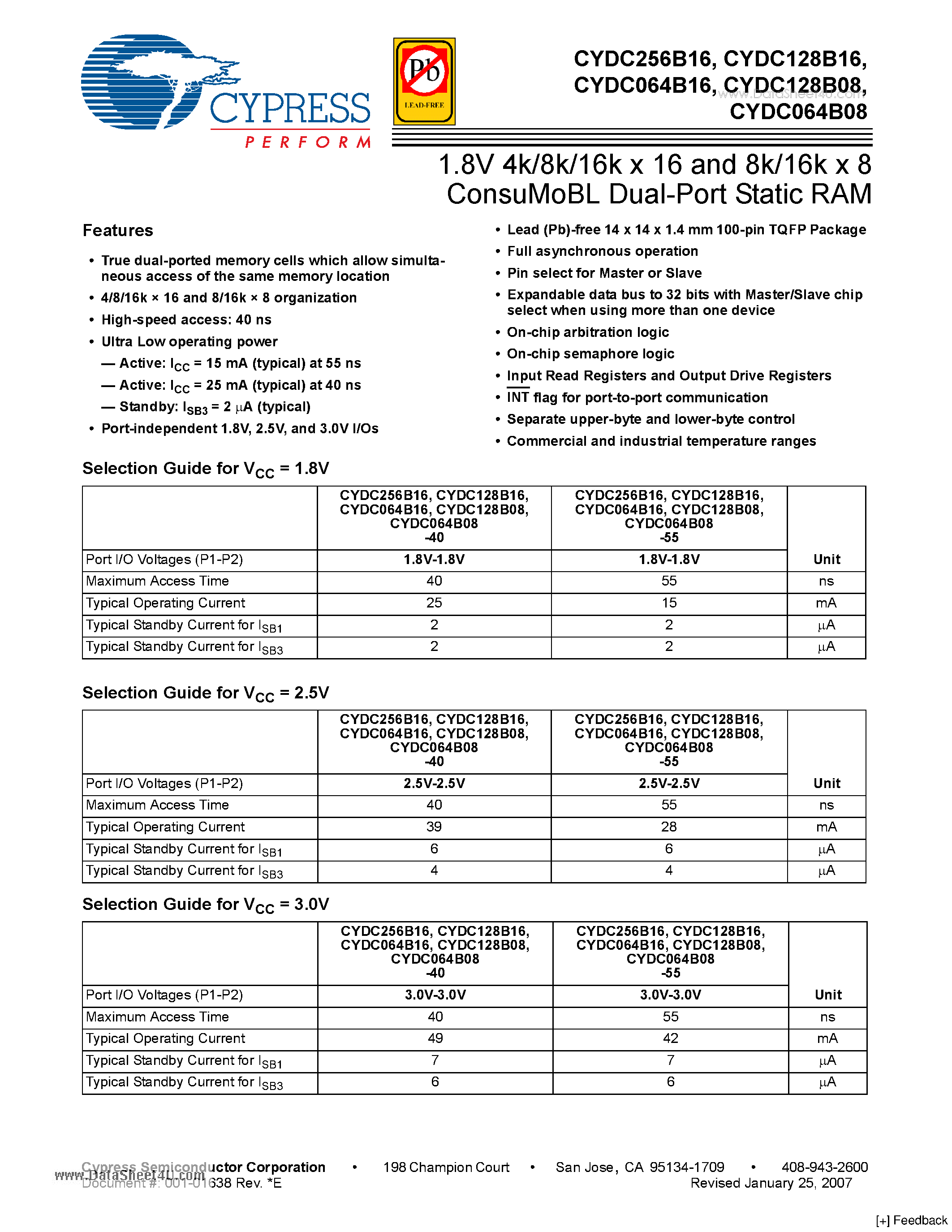 Datasheet CYDC064B08 - 1.8V 4k/8k/16k x 16 and 8k/16k x 8 ConsuMoBL Dual-Port Static RAM page 1