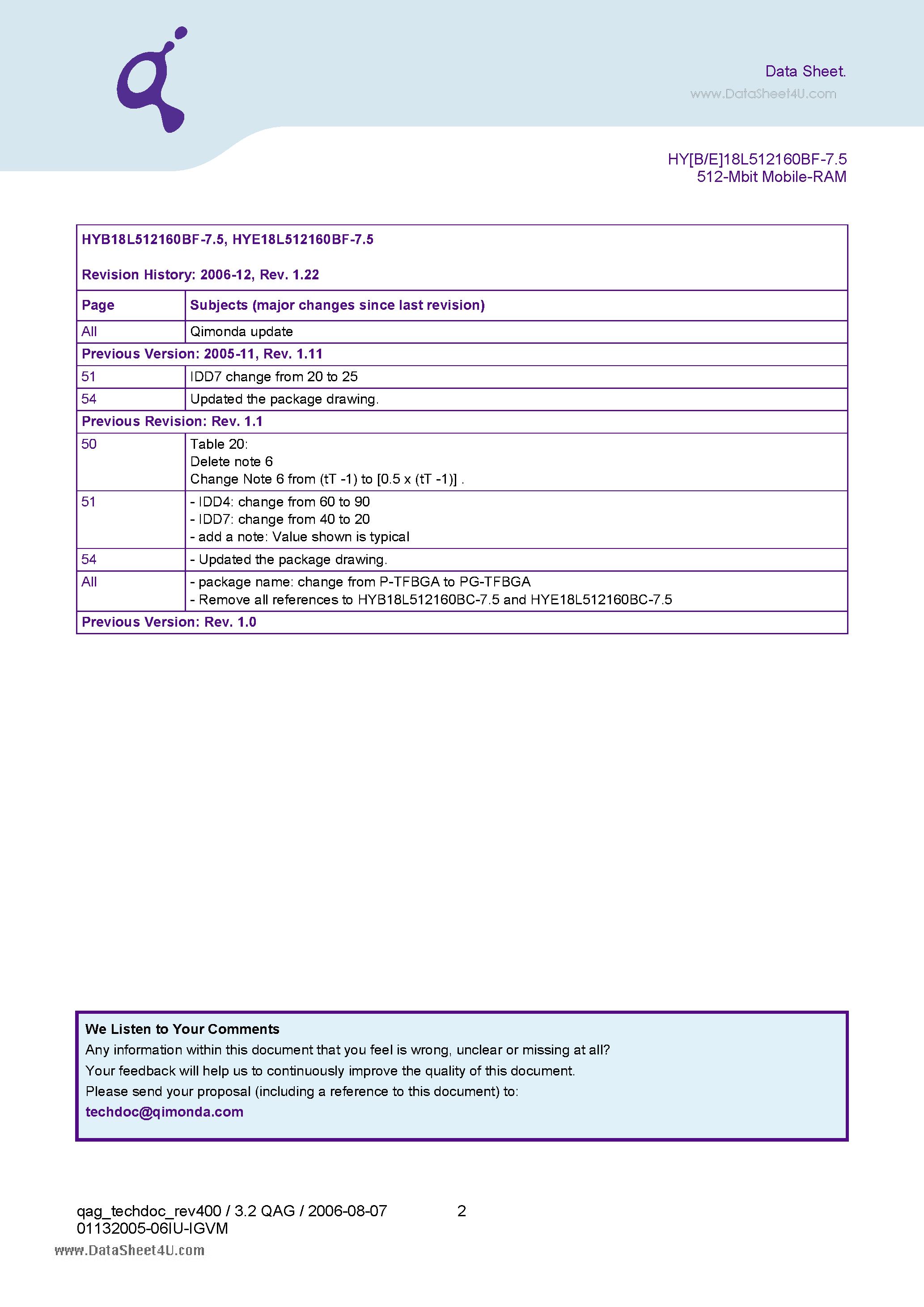 Datasheet HYB18L512160BF-7.5 page 2 Datasheet HYB18L512160BF-7.5 - DRAMs for Mobile Applications 512-Mbit Mobile-RAM page 2