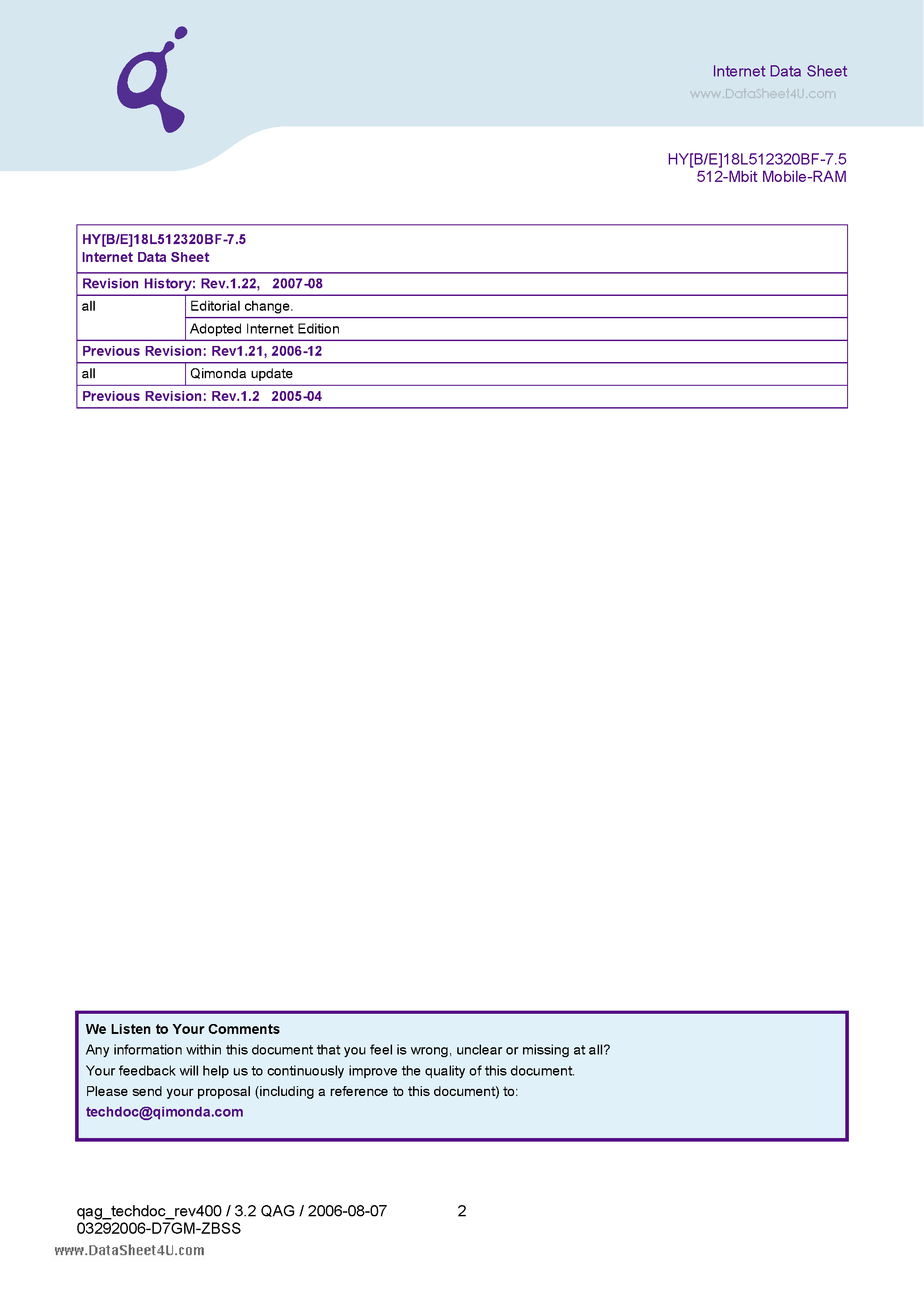 Datasheet HYE18L512320BF-7.5 page 2 Datasheet HYE18L512320BF-7.5 - DRAMs for Mobile Applications 512-Mbit SDR Mobile-RAM page 2