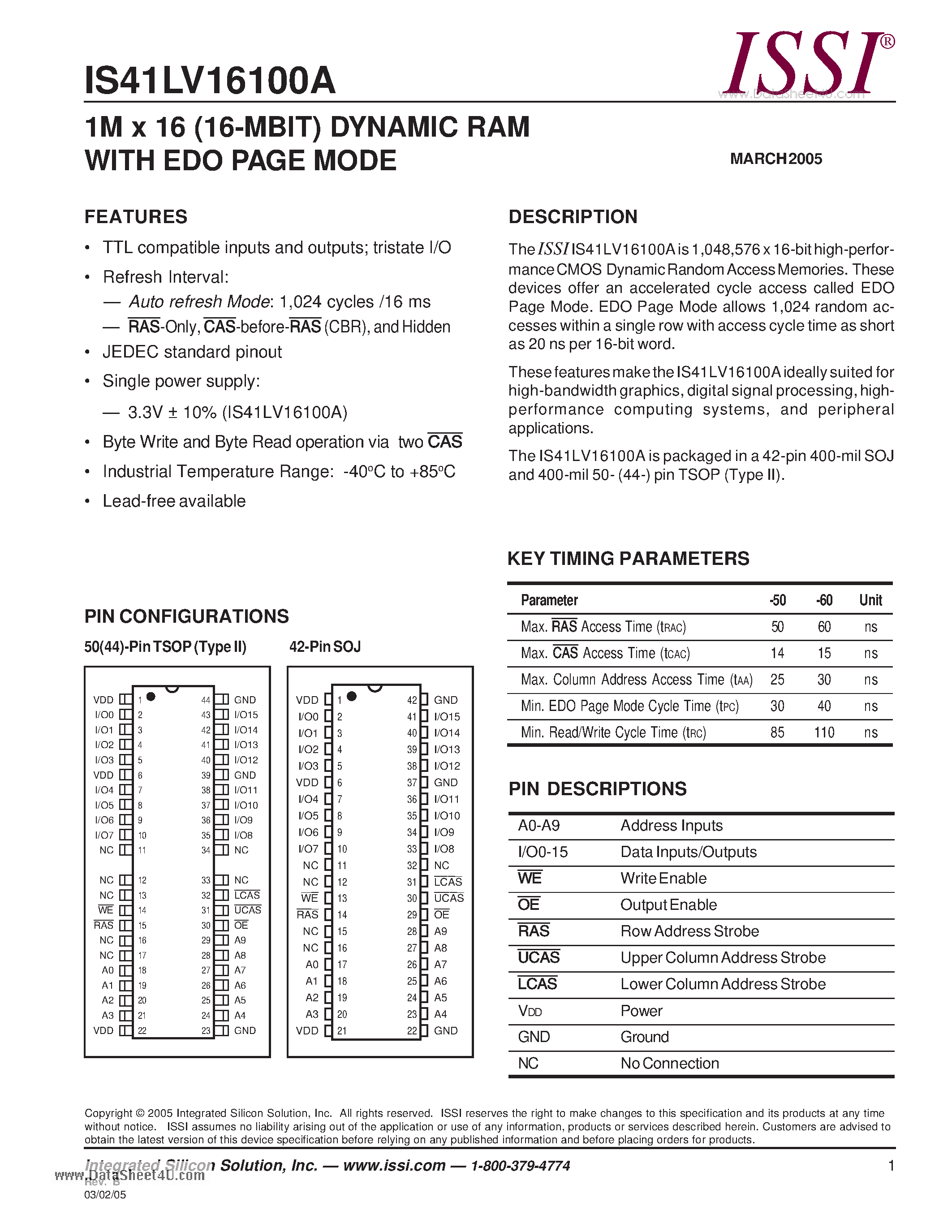 Даташит IS41LV16100A - 1M x 16 (16-MBIT) DYNAMIC RAM WITH EDO PAGE MODE страница 1