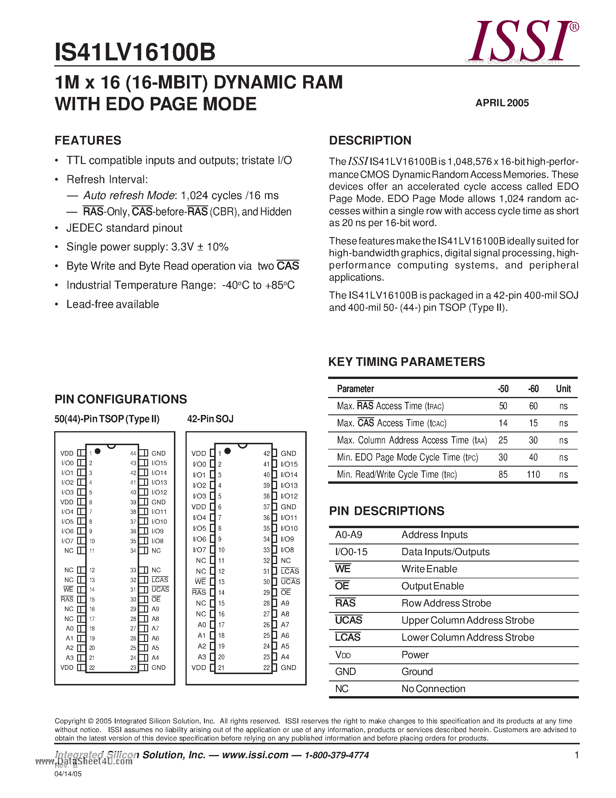 Даташит на микросхему IS41LV16100B страница 1 Даташит IS41LV16100B - 1M x 16 (16-MBIT) DYNAMIC RAM WITH EDO PAGE MODE страница 1
