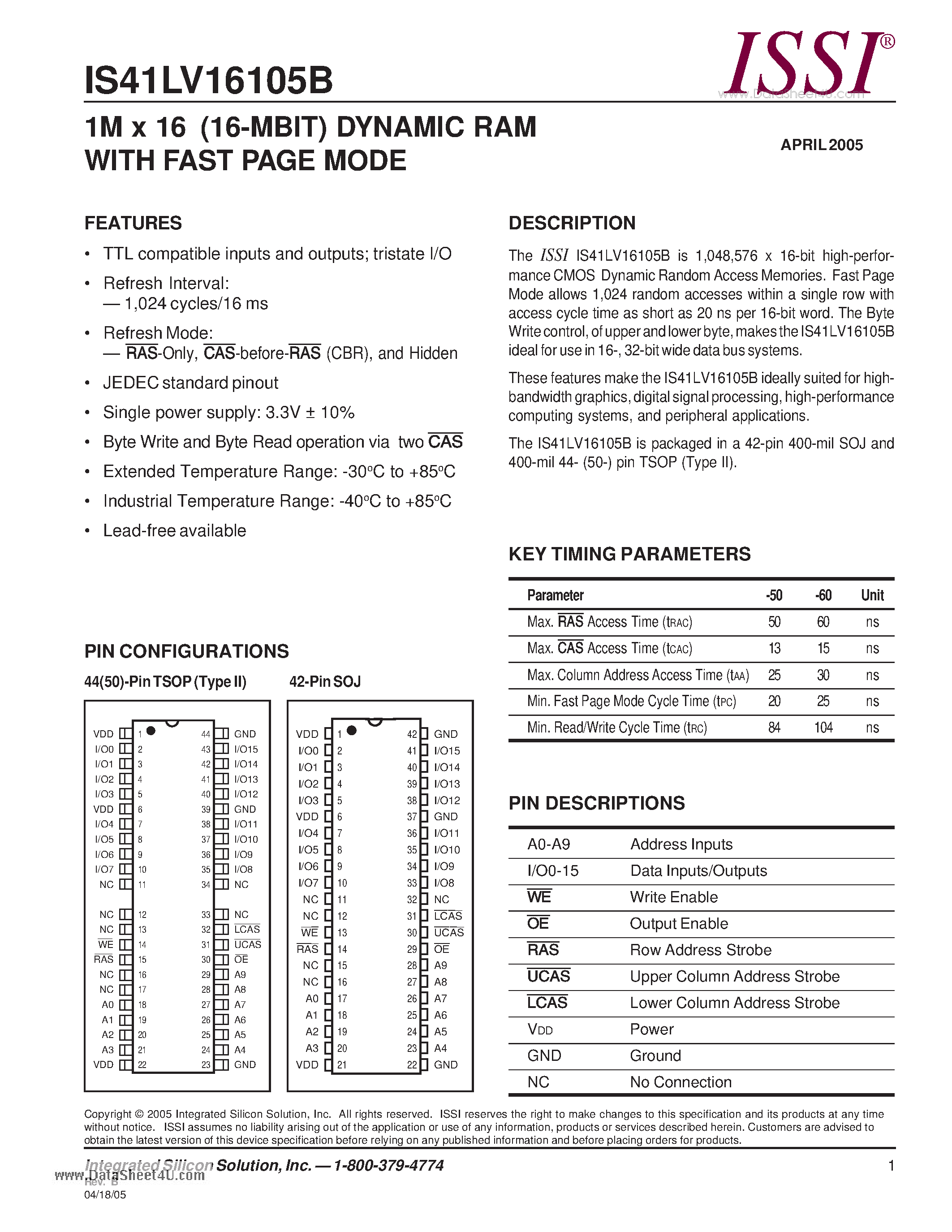 Даташит на микросхему IS41LV16105B страница 1 Даташит IS41LV16105B - 1M x 16 (16-MBIT) DYNAMIC RAM WITH FAST PAGE MODE страница 1