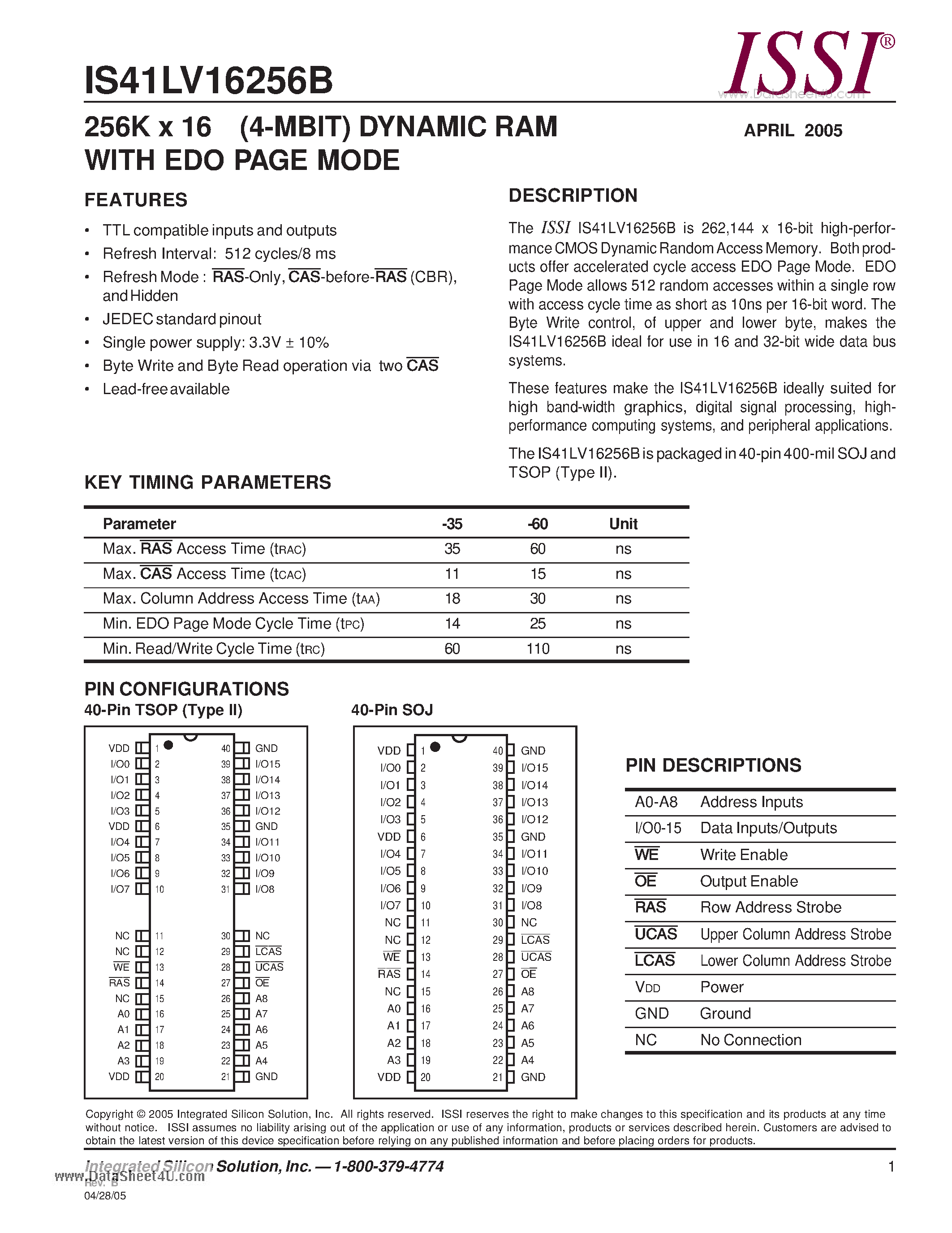 Даташит IS41LV16256B - 256K x 16 (4-MBIT) DYNAMIC RAM WITH EDO PAGE MODE страница 1