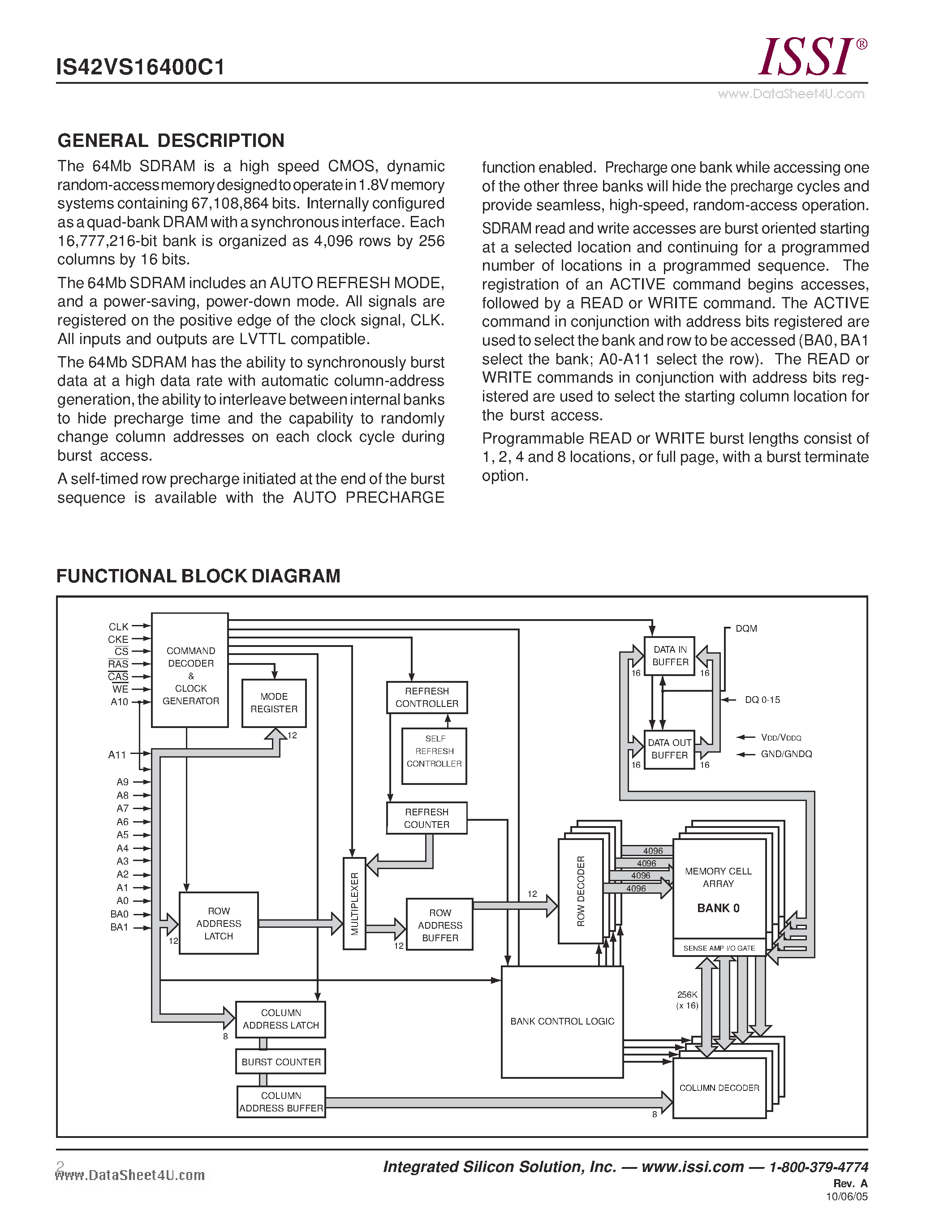 Datasheet IS42VS16400C1 page 2 Datasheet IS42VS16400C1 - 1 Meg Bits x 16 Bits x 4 Banks (64-MBIT) SYNCHRONOUS DYNAMIC RAM page 2