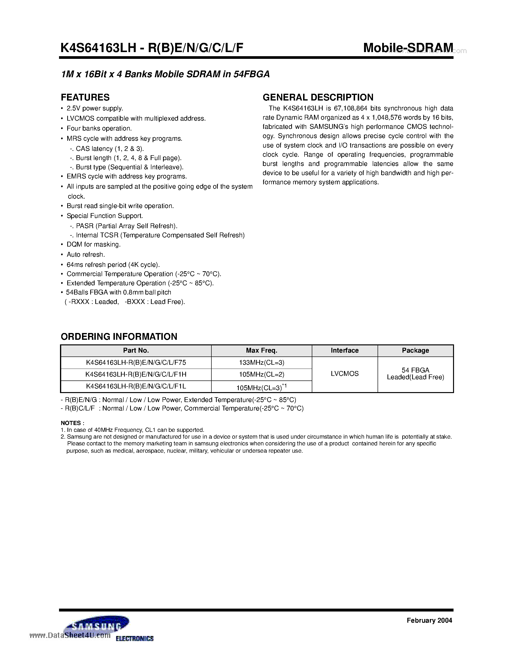 Datasheet K4S64163LH-RBC - 1M x 16Bit x 4 Banks Mobile SDRAM in 54FBGA page 1