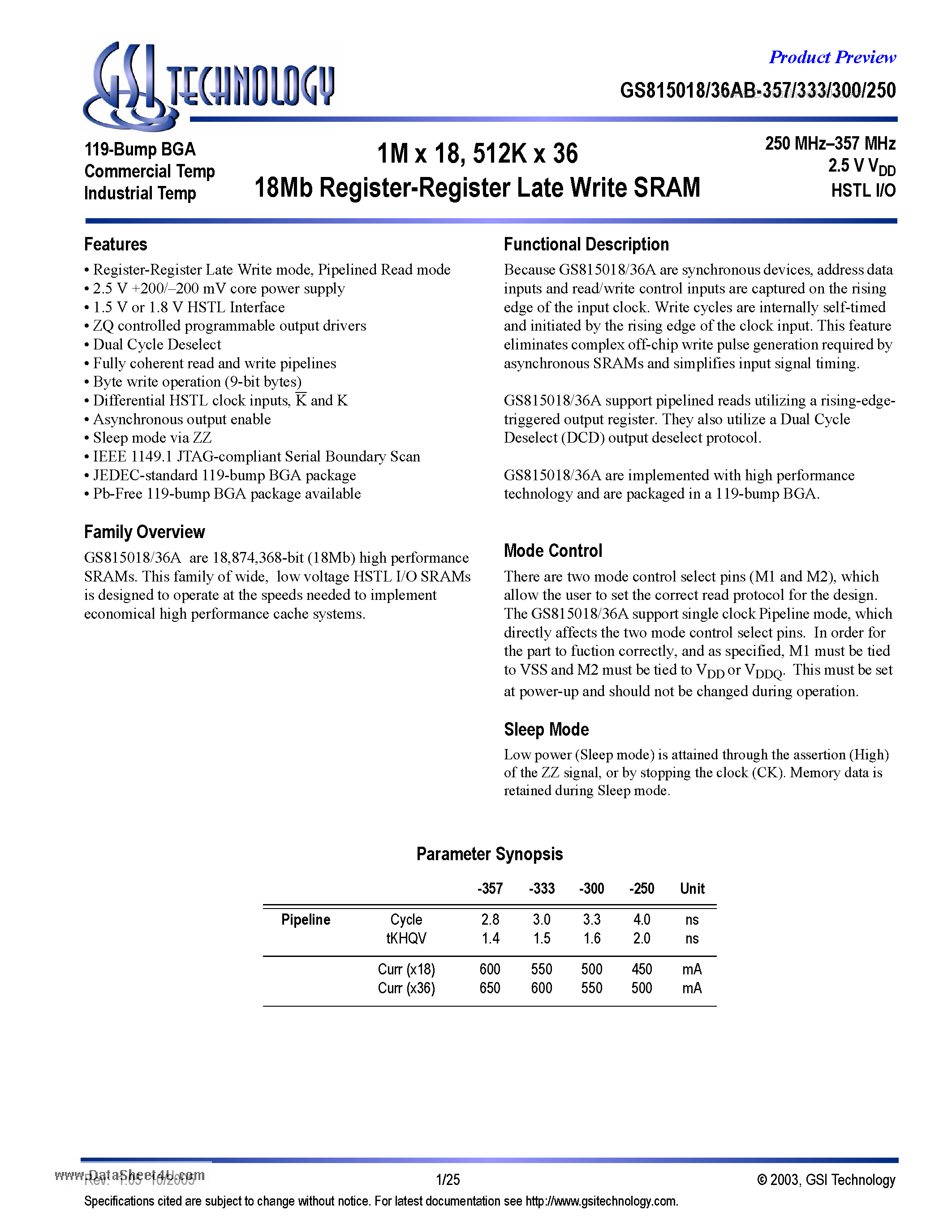 Datasheet GS815018AB-250 - 1M x 18/ 512K x 36 18Mb Register-Register Late Write SRAM page 1