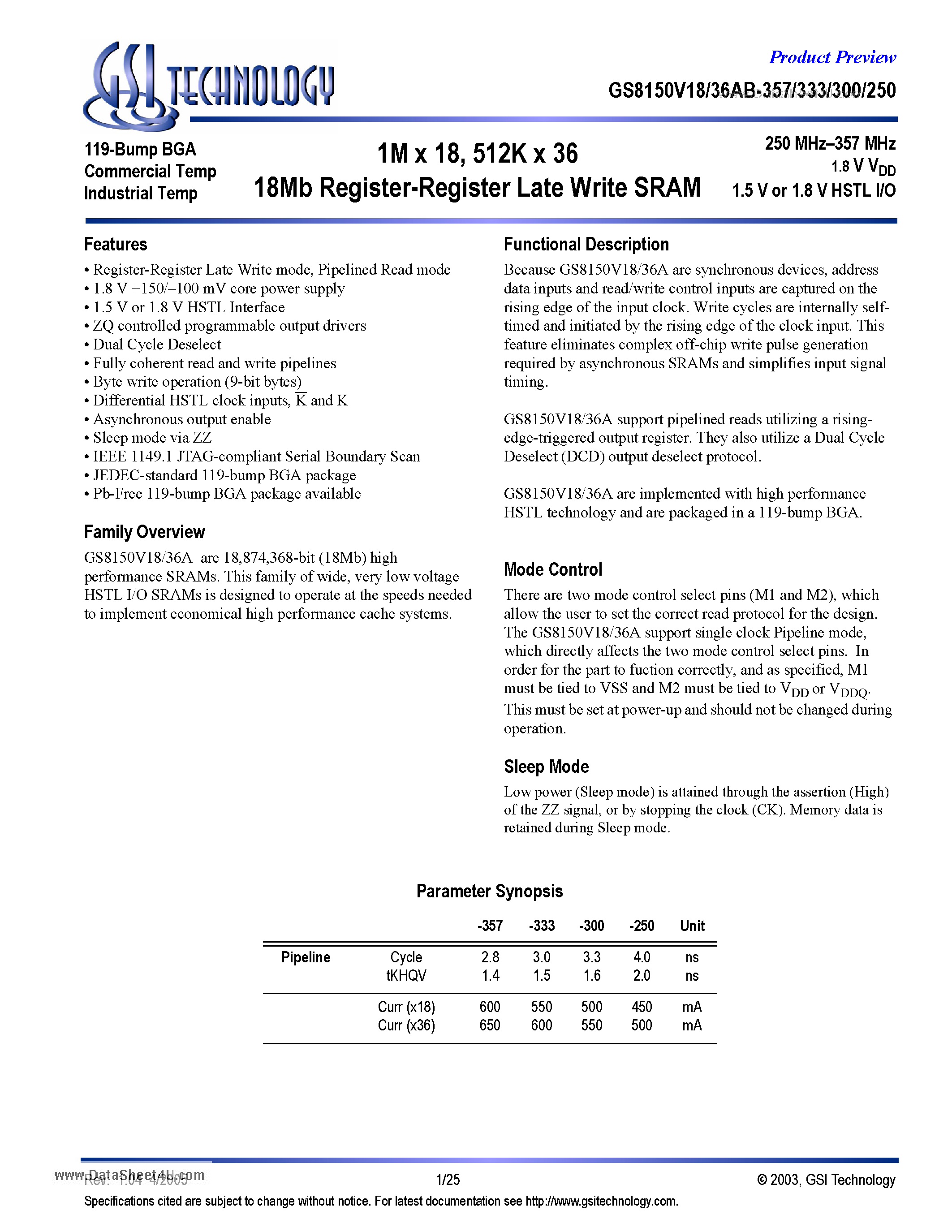 Datasheet GS8150V18AB-250 - 1M x 18/ 512K x 36 18Mb Register-Register Late Write SRAM page 1