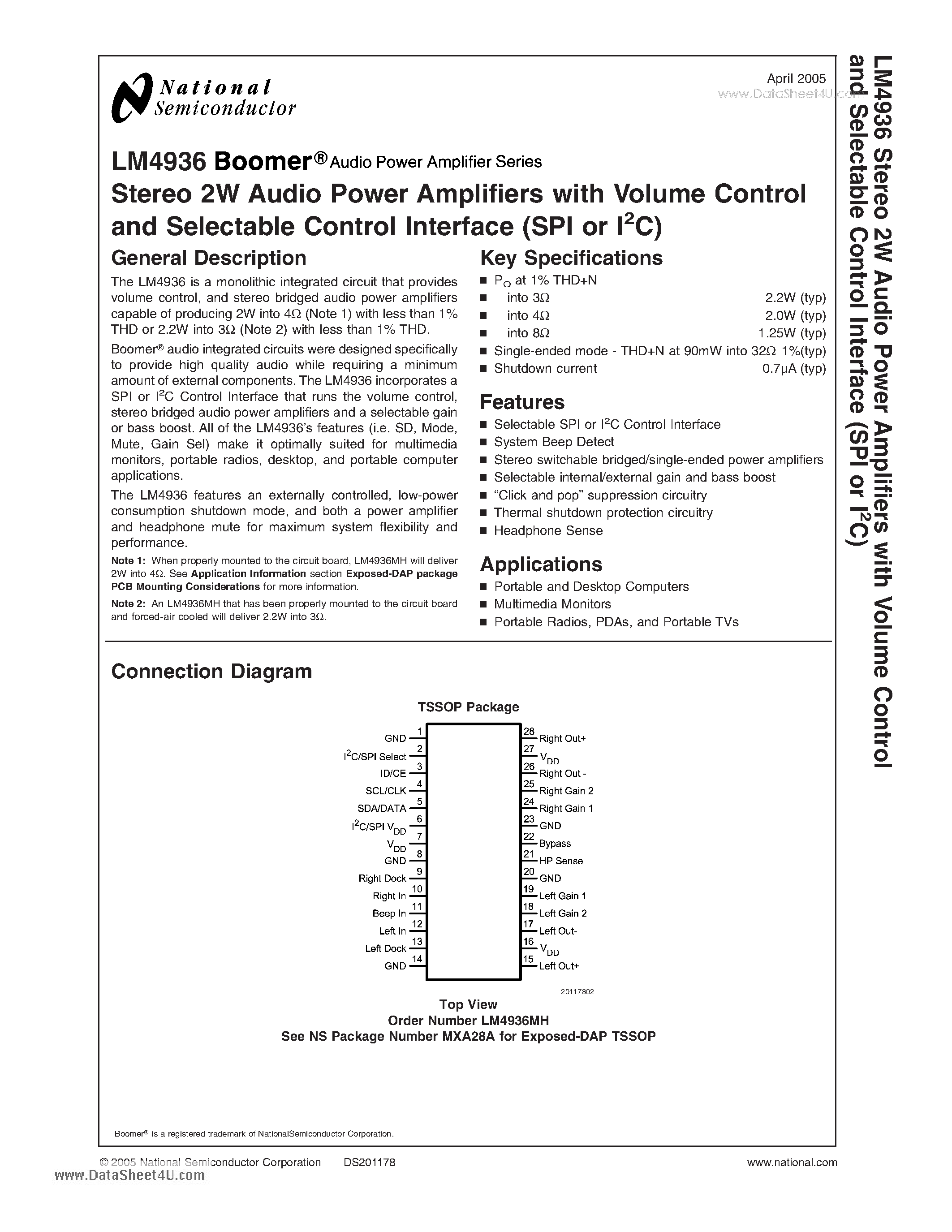 Даташит LM4936 - Stereo 2W Audio Power Amplifiers with Volume Control and Selectable Control Interface (SPI or I2C) страница 1