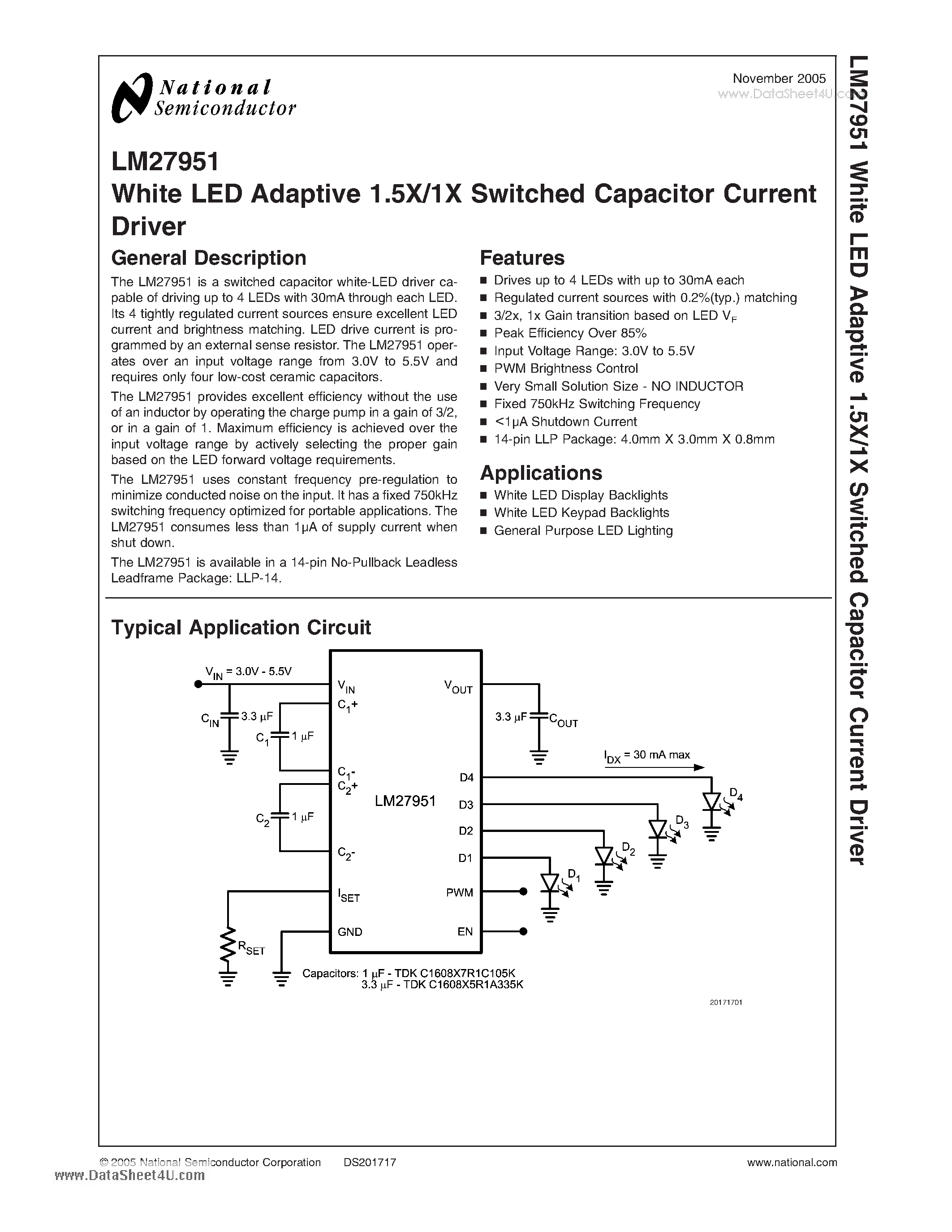 Datasheet LM27951 - White LED Adaptive 1.5X/1X Switched Capacitor Current Driver page 1