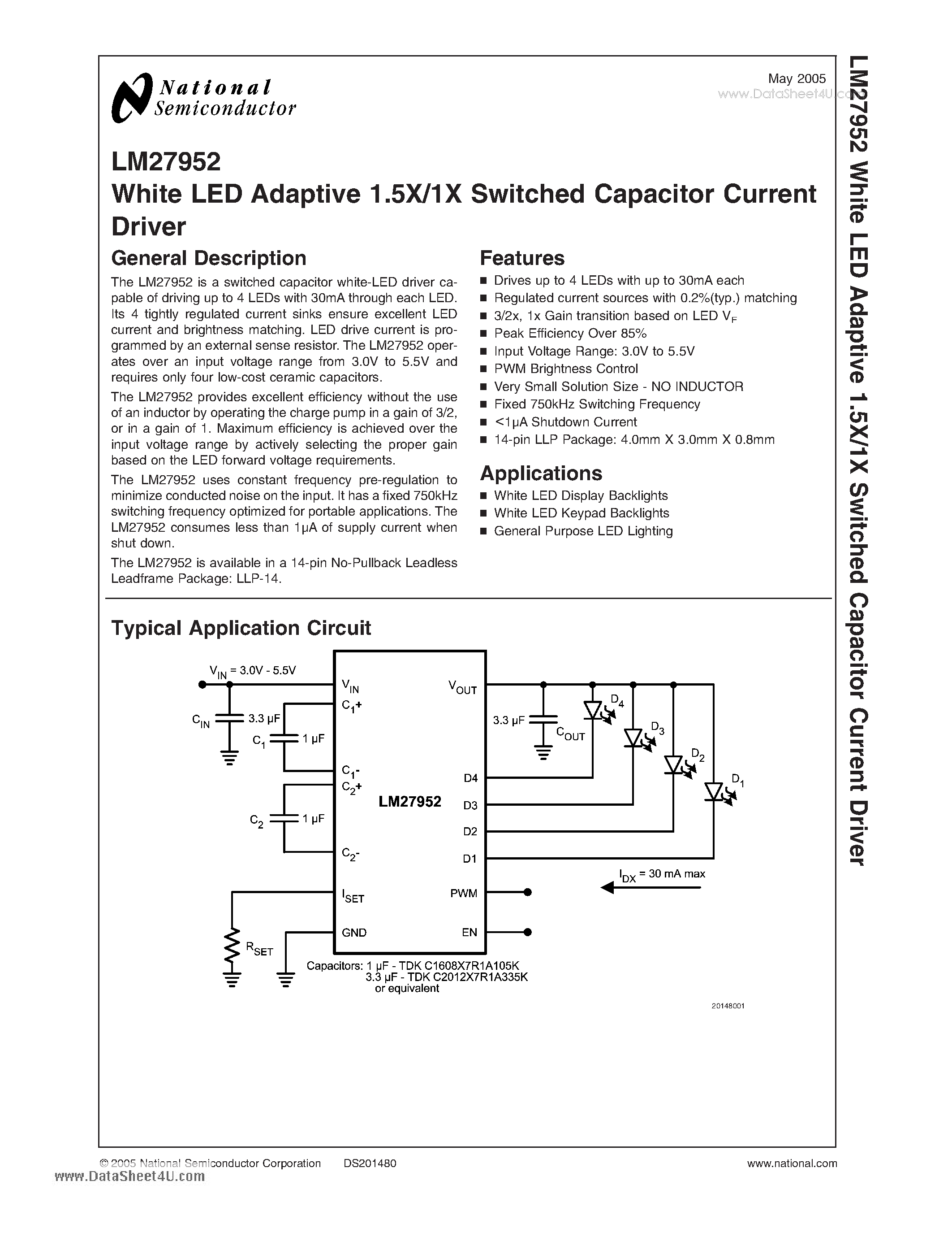 Datasheet LM27952 - White LED Adaptive 1.5X/1X Switched Capacitor Current Driver page 1