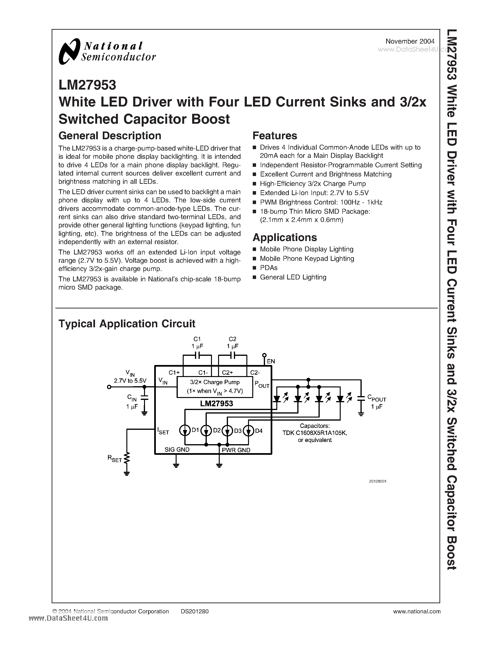 Datasheet LM27953 - White LED Driver with Four LED Current Sinks and 3/2x Switched Capacitor Boost page 1