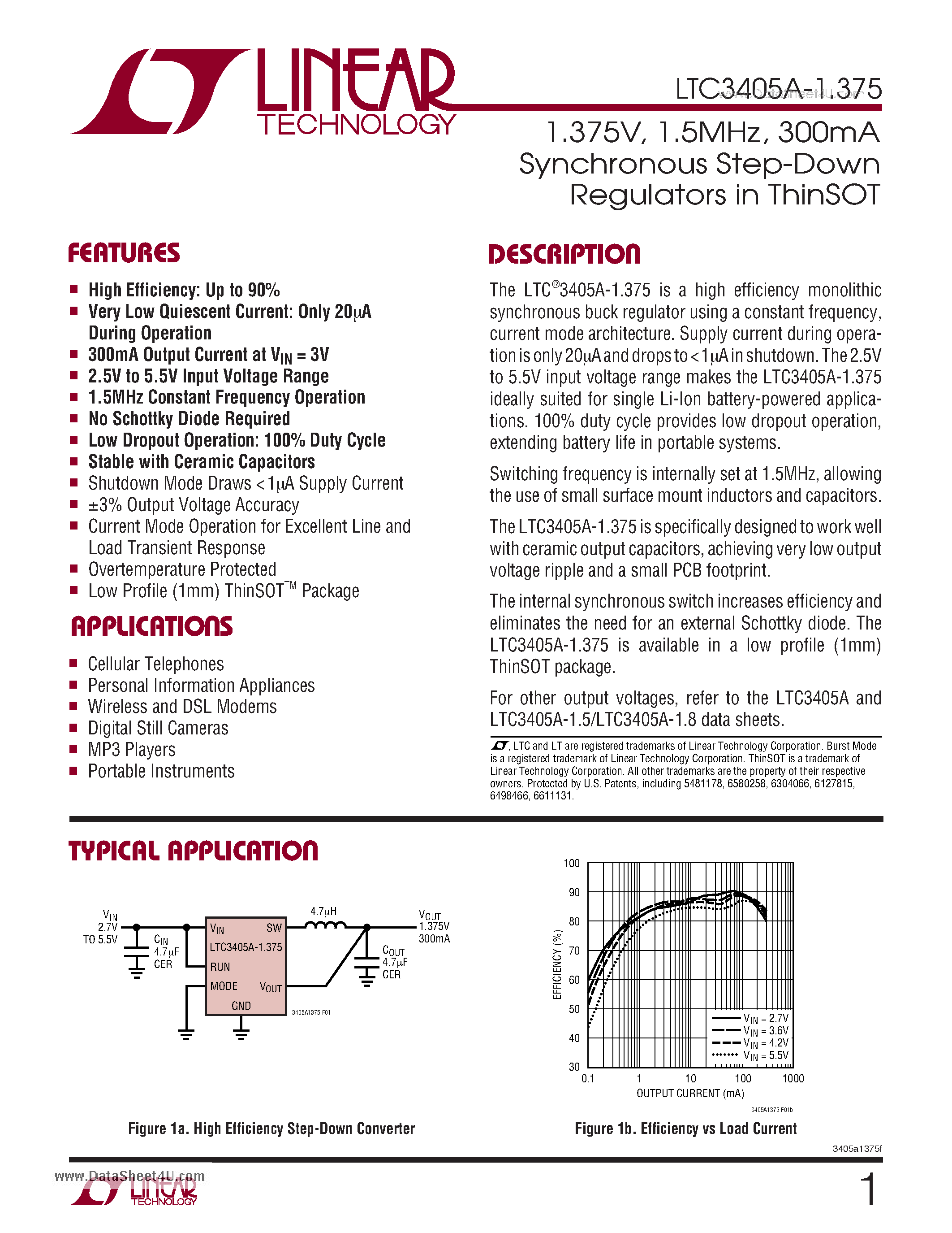 Datasheet LTC3405A-1.375 - 1.375V / 1.5MHz - 300mA Synchronous Step-Down Regulators in ThinSOT page 1