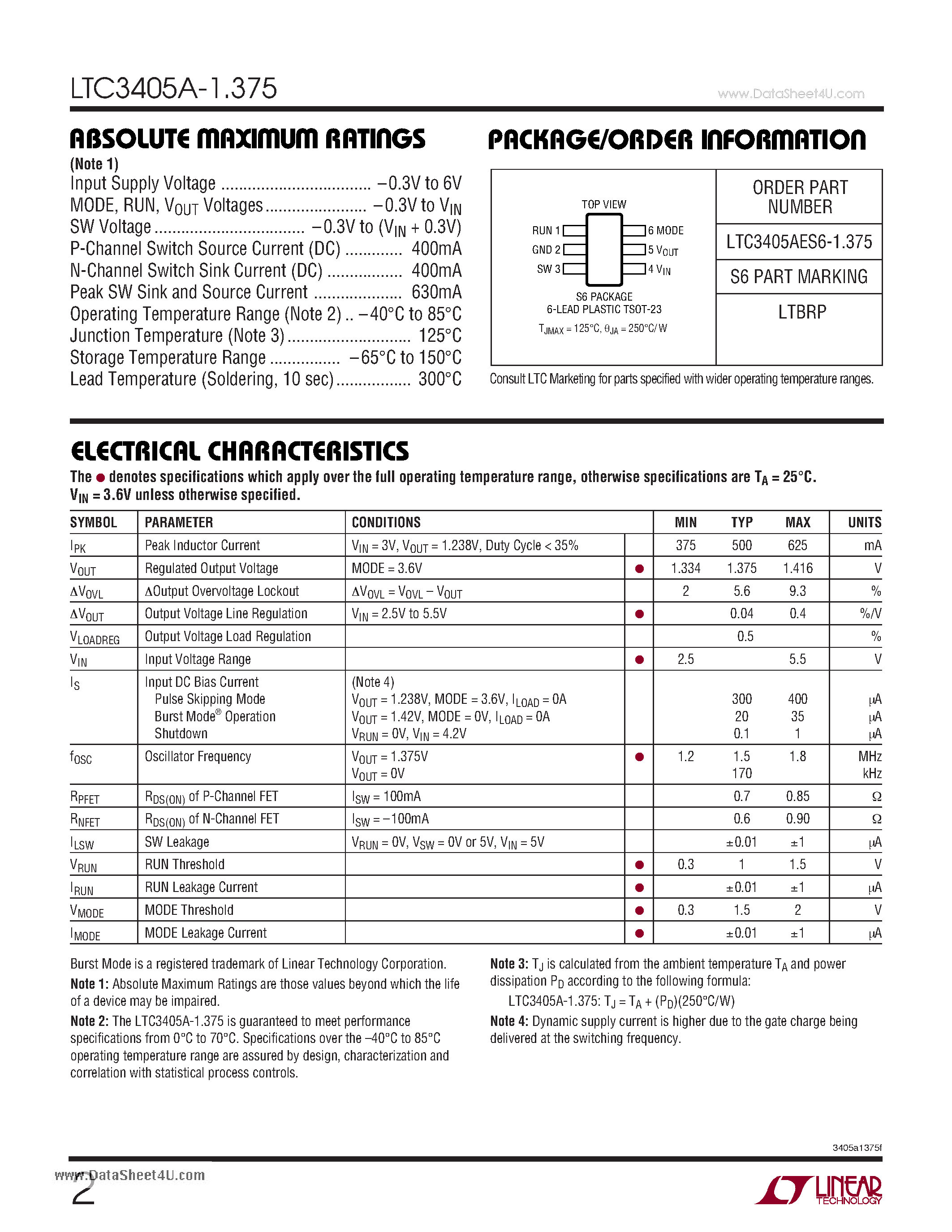 Datasheet LTC3405A-1.375 - 1.375V / 1.5MHz - 300mA Synchronous Step-Down Regulators in ThinSOT page 2