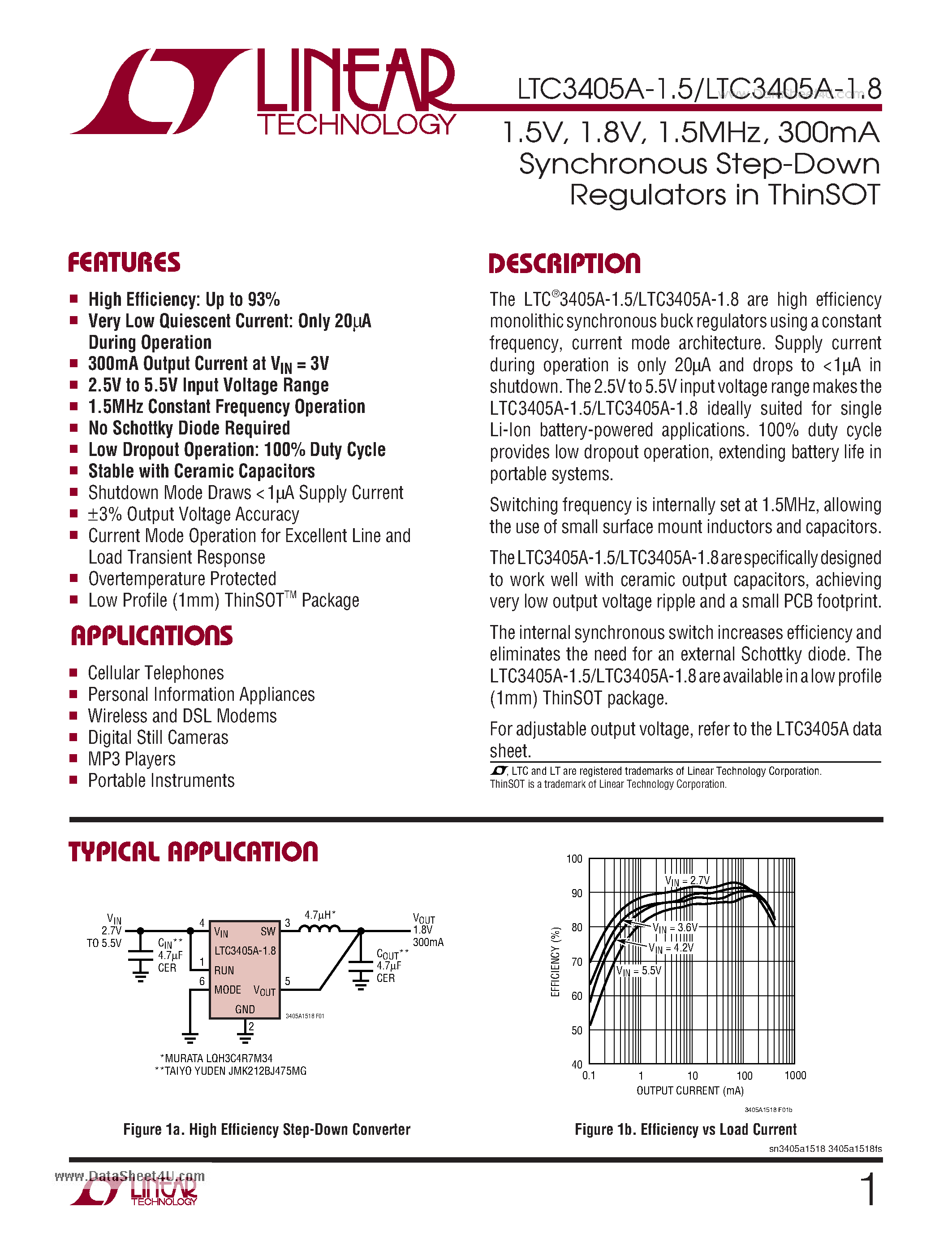 Datasheet LTC3405A-1.5 - 1.5V / 1.8V / 1.5MHz - 300mA Synchronous Step-Down Regulators in ThinSOT page 1