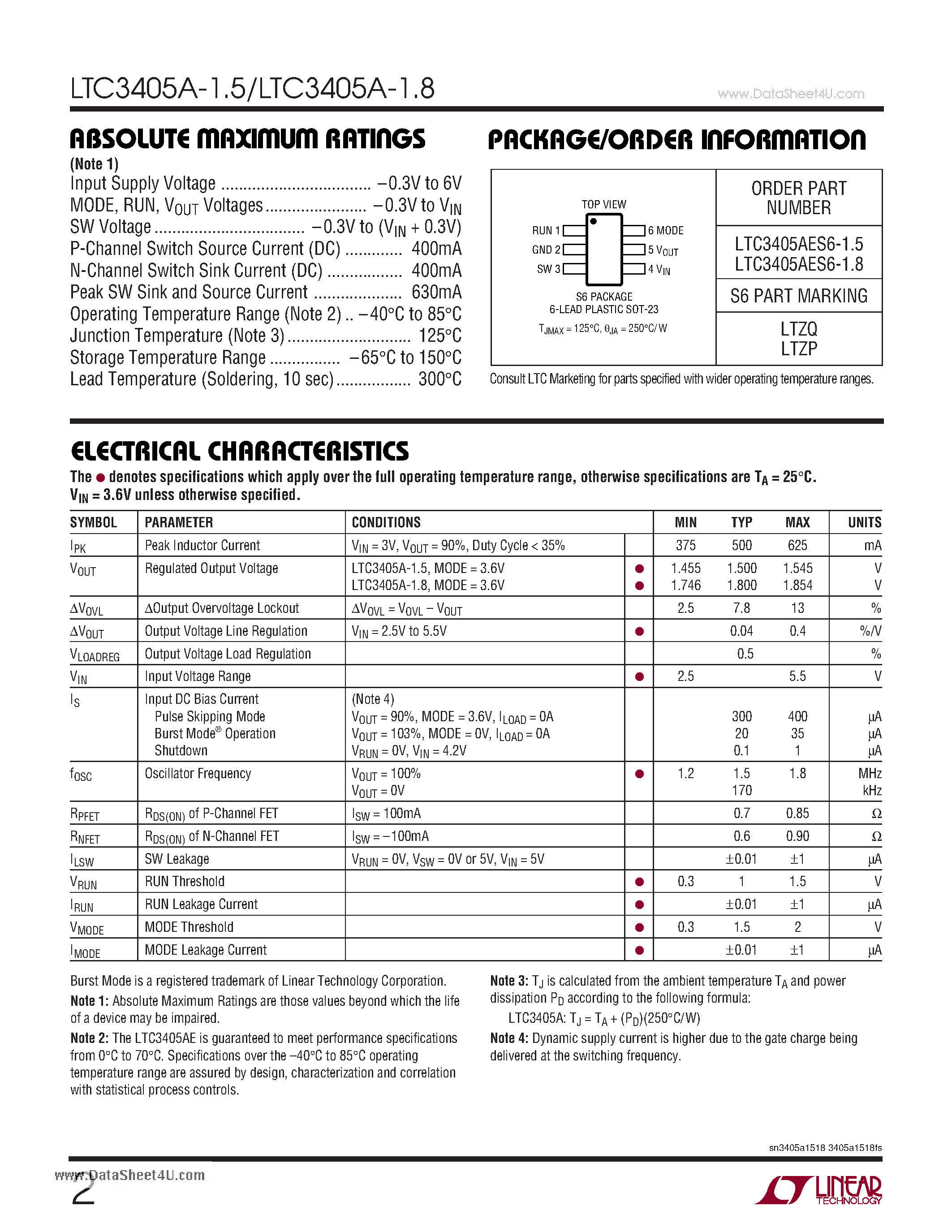 Datasheet LTC3405A-1.5 - 1.5V / 1.8V / 1.5MHz - 300mA Synchronous Step-Down Regulators in ThinSOT page 2