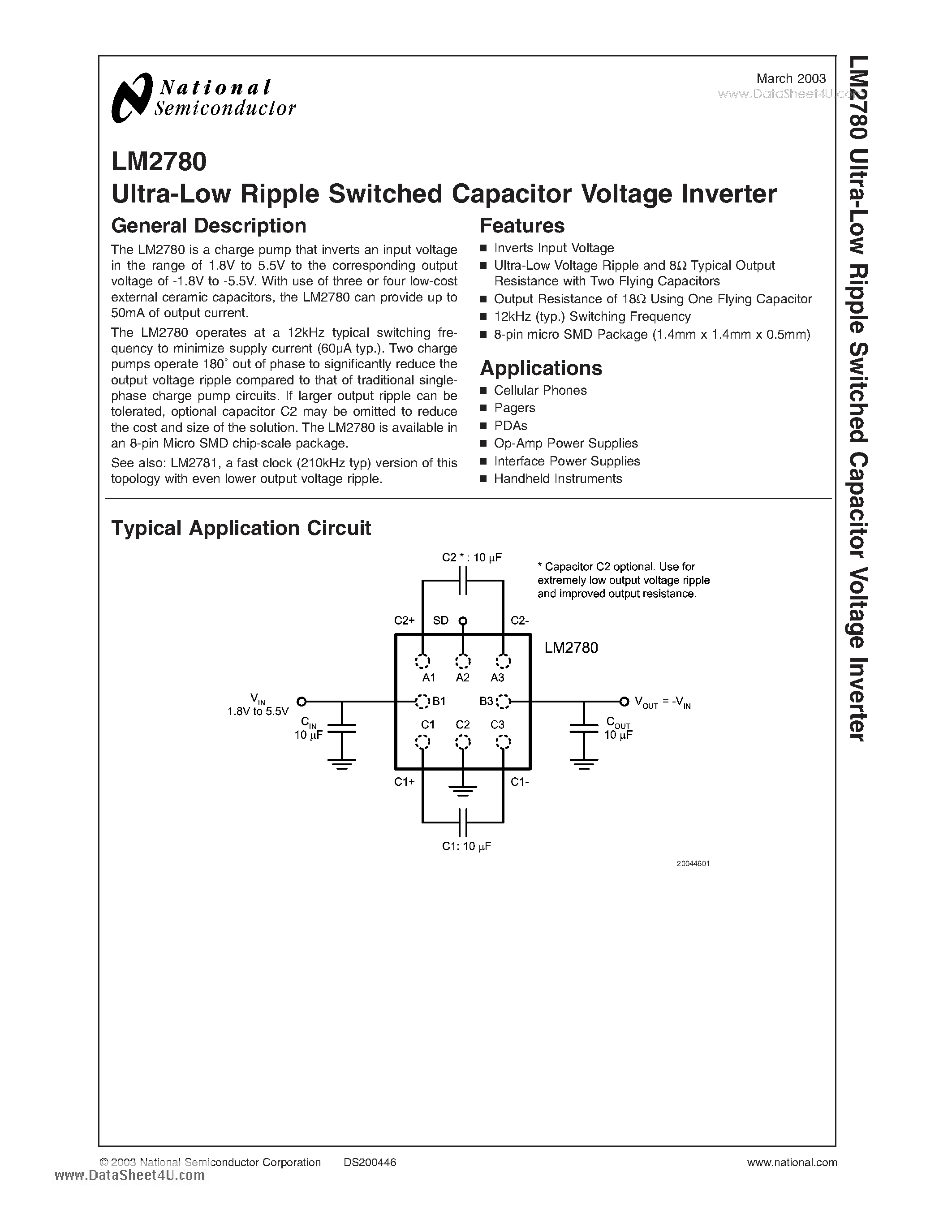 Datasheet LM2780 - Ultra-Low Ripple Switched Capacitor Voltage Inverter page 1
