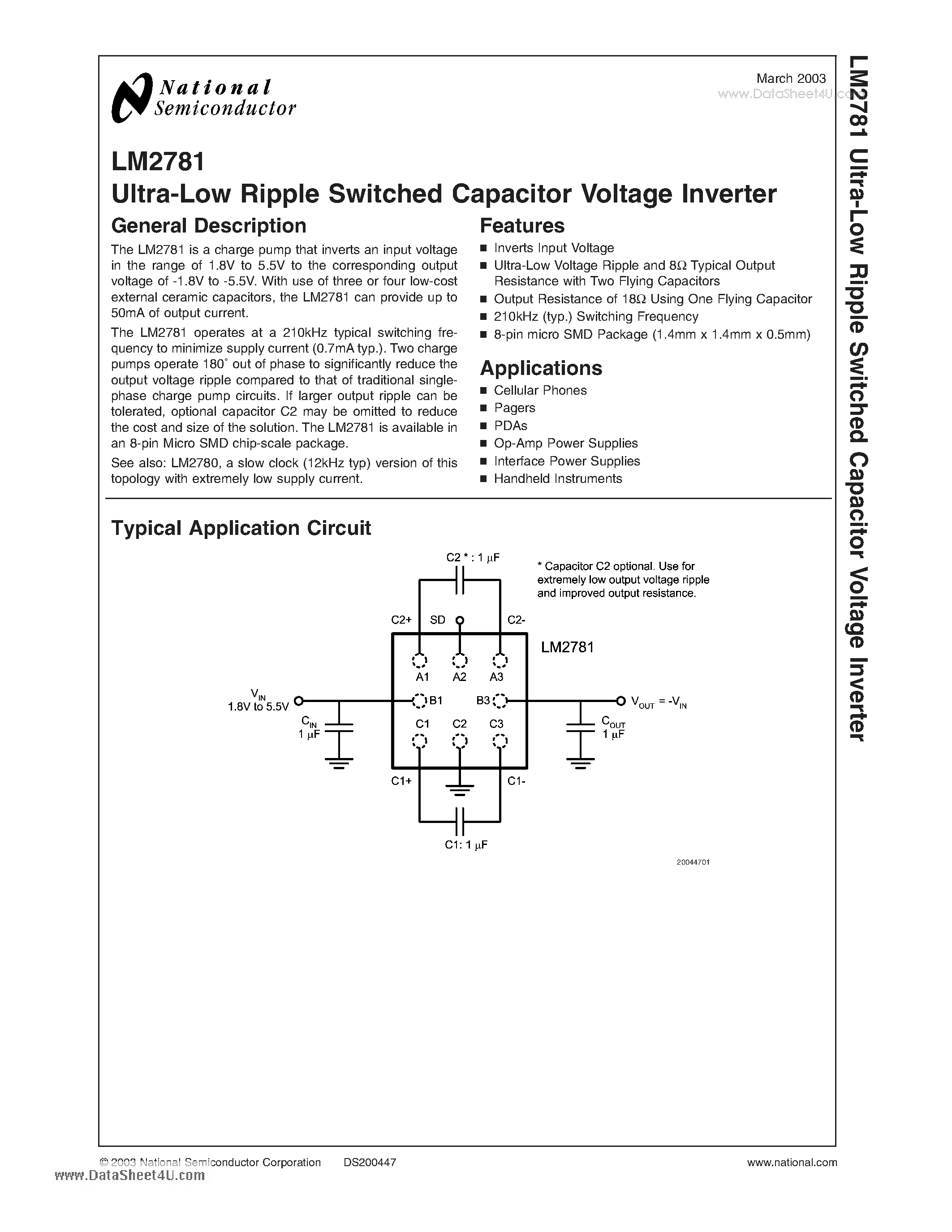 Datasheet LM2781 - Ultra-Low Ripple Switched Capacitor Voltage Inverter page 1