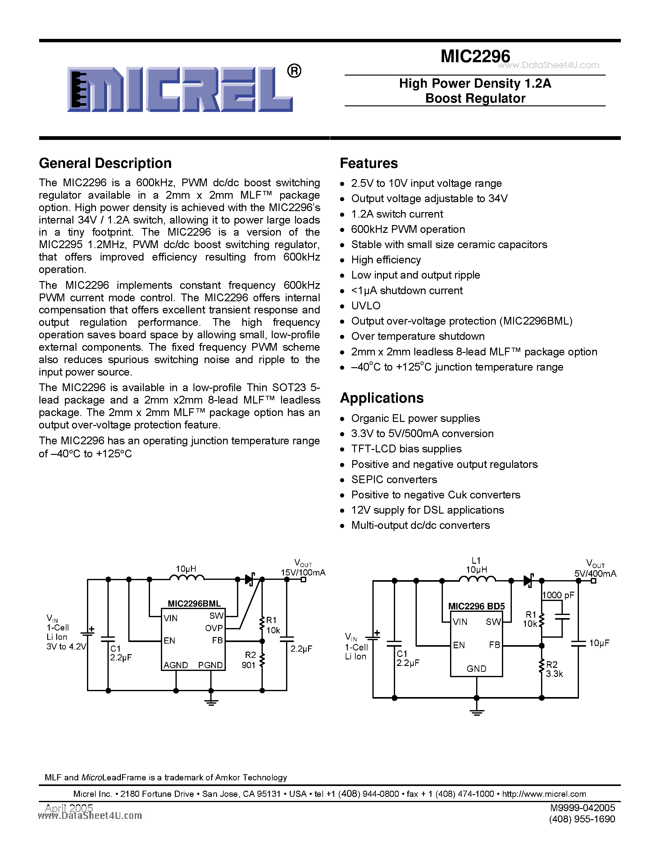 Datasheet MIC2296 - High Power Density 1.2A Boost Regulator page 1
