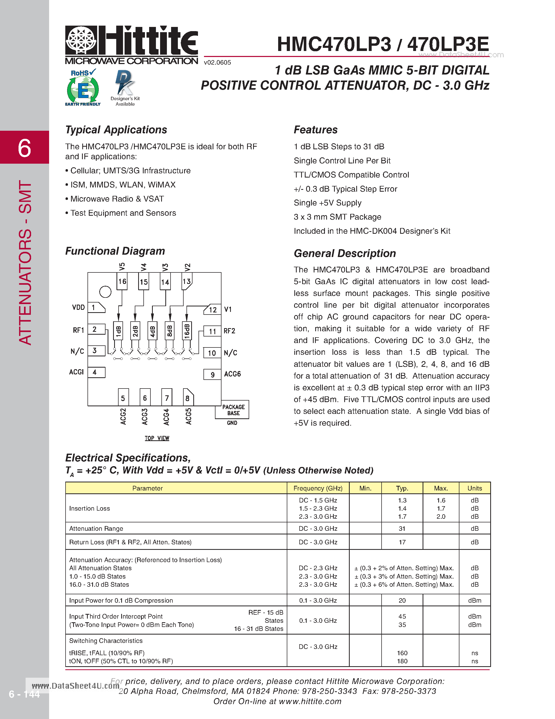 Datasheet HMC470LP3 - 1 dB LSB GaAs MMIC 5-BIT DIGITAL POSITIVE CONTROL ATTENUATOR - DC - 3.0 GHz page 1
